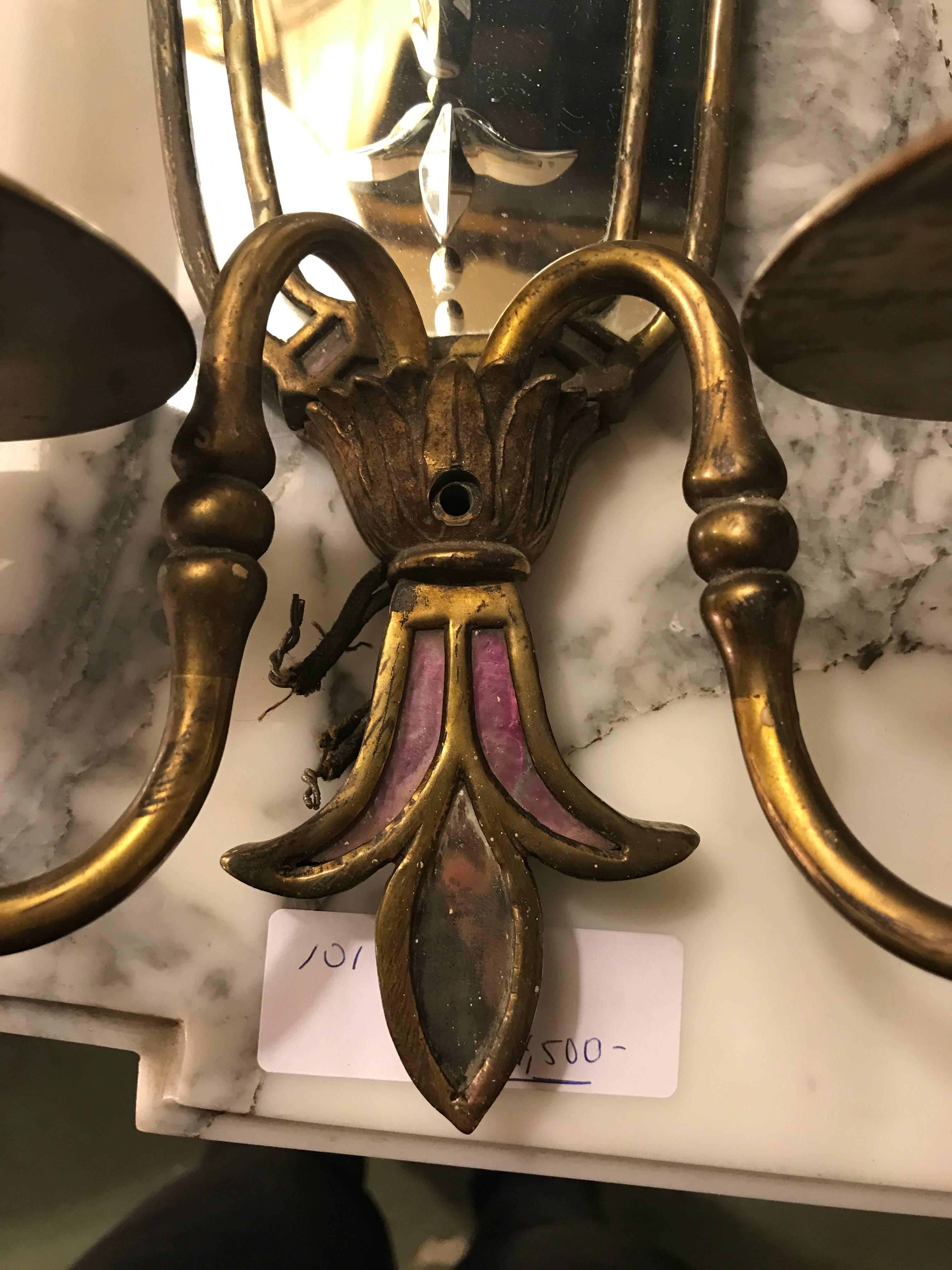 Pair of Two-Arm Bronze Antique Mirrored Back Sconces 3