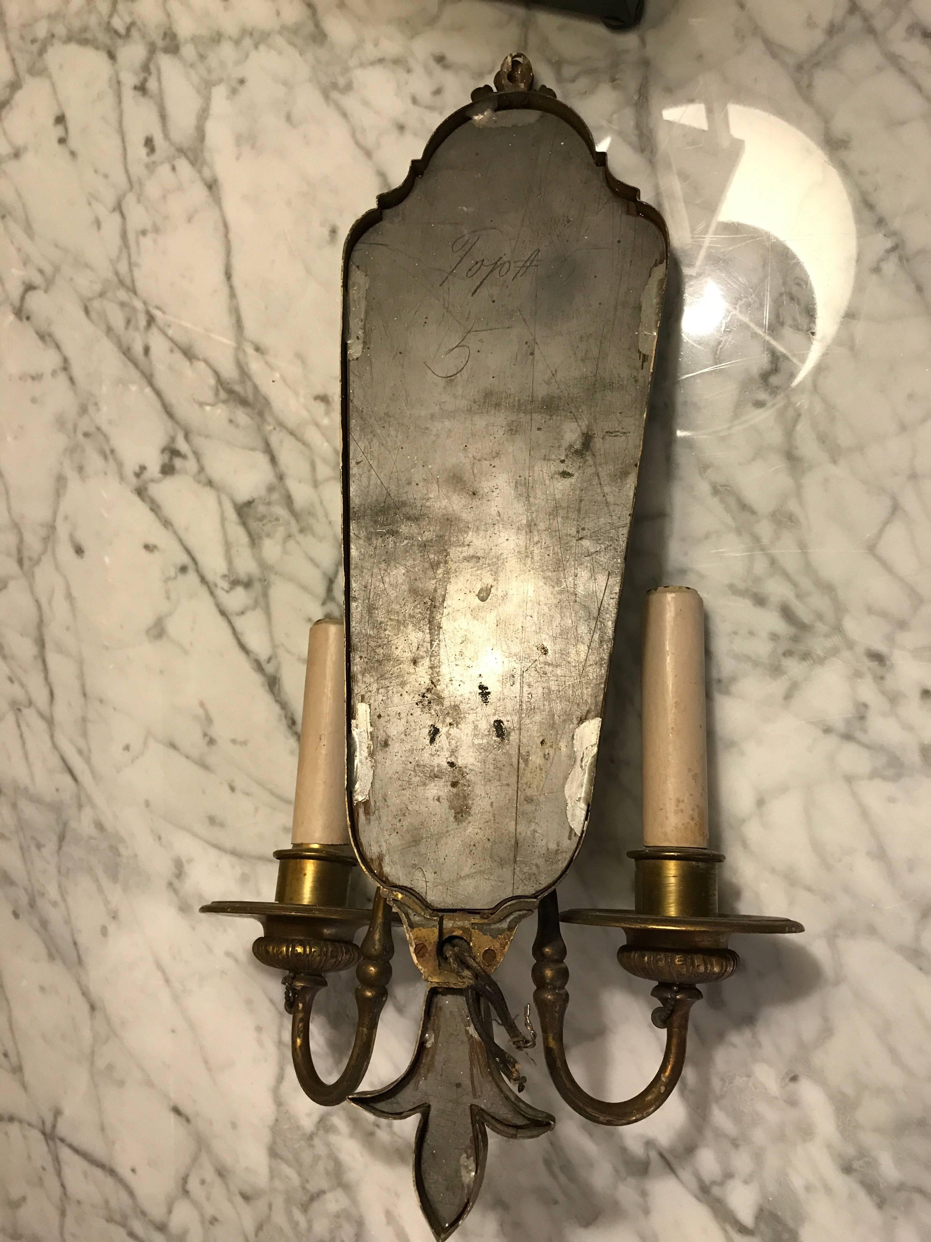 Pair of Two-Arm Bronze Antique Mirrored Back Sconces 5