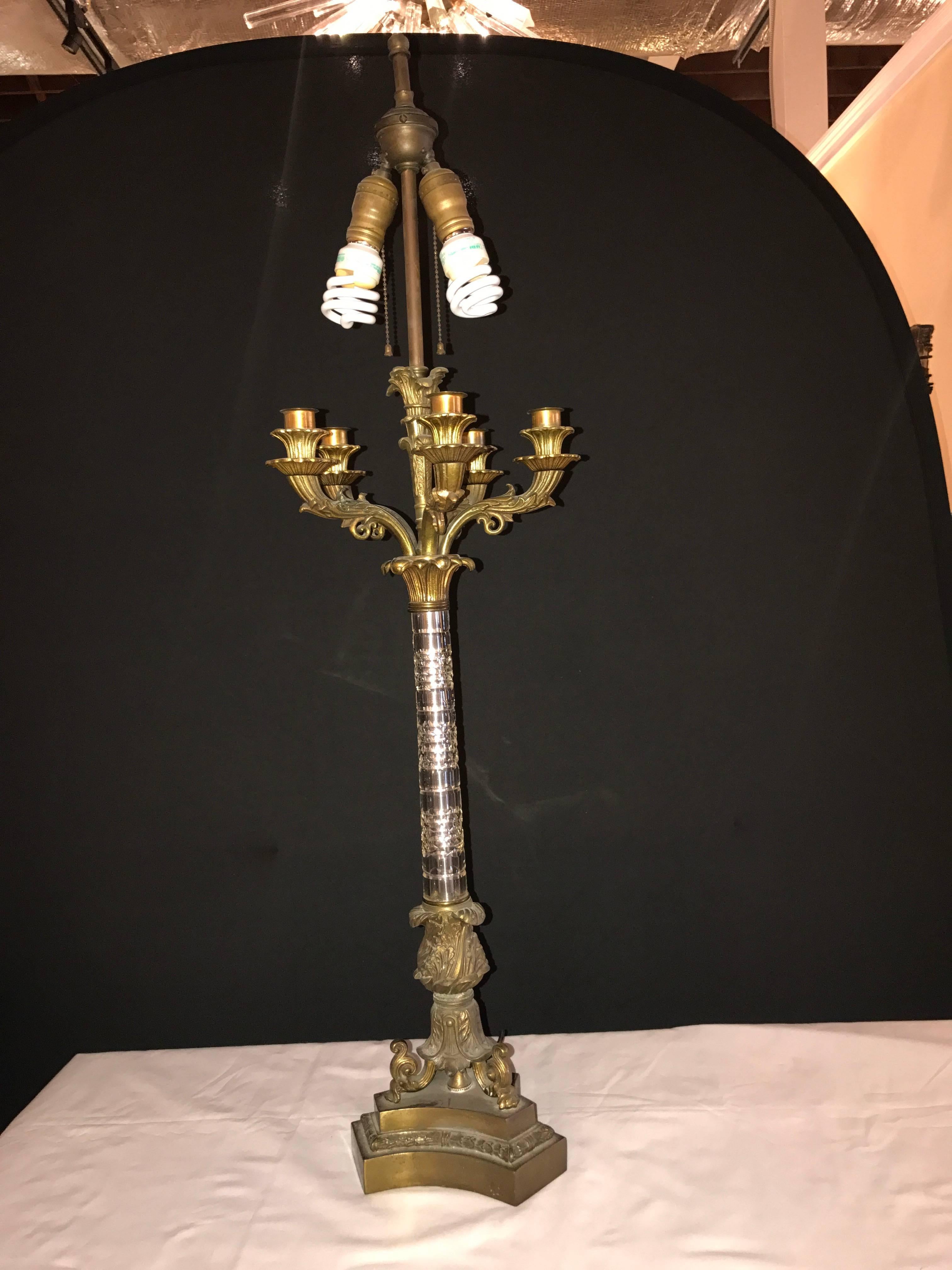 Pair of Empire Style Glass Column Form Candelabra Lamps In Good Condition In Stamford, CT