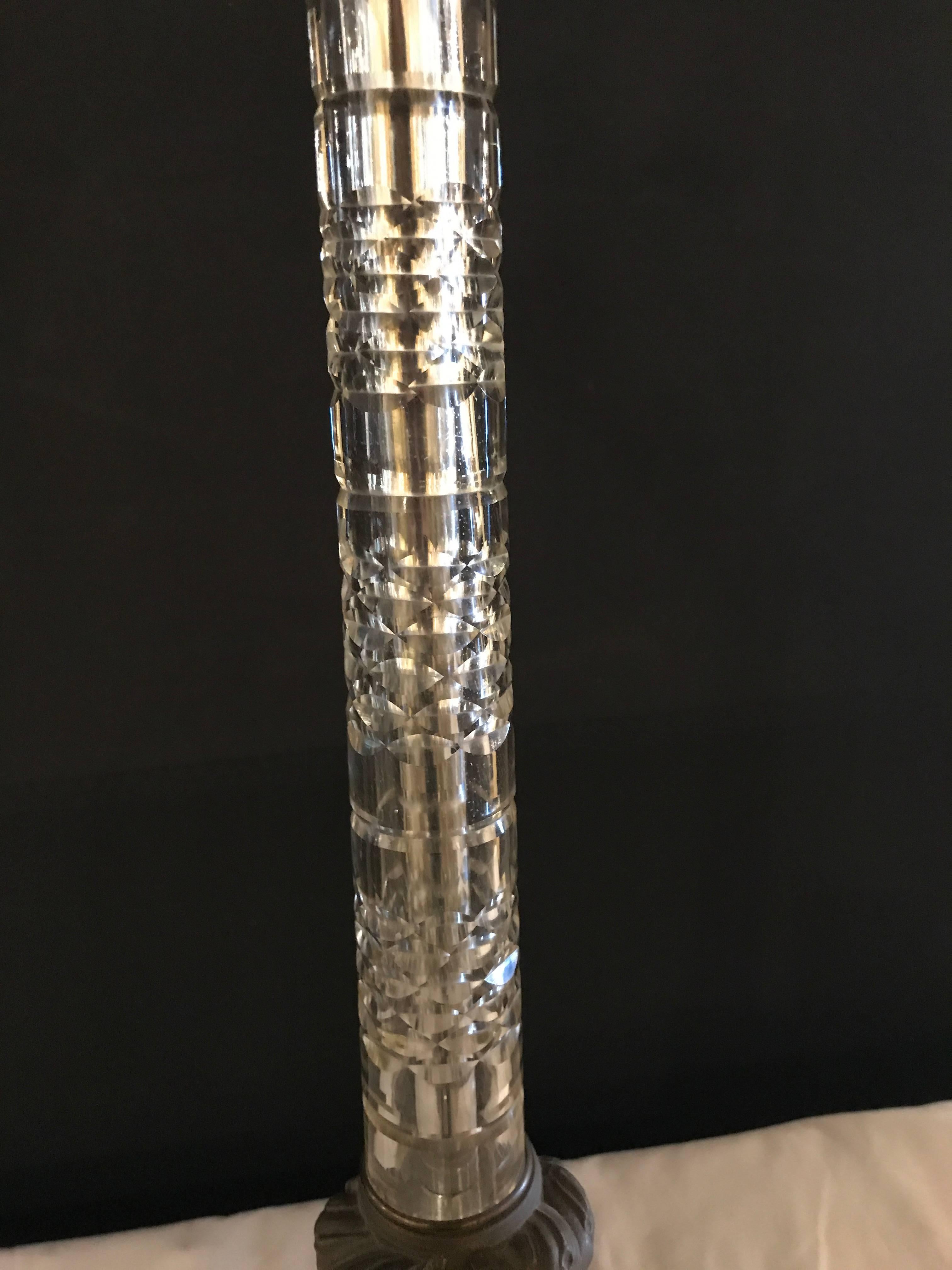20th Century Pair of Empire Style Glass Column Form Candelabra Lamps