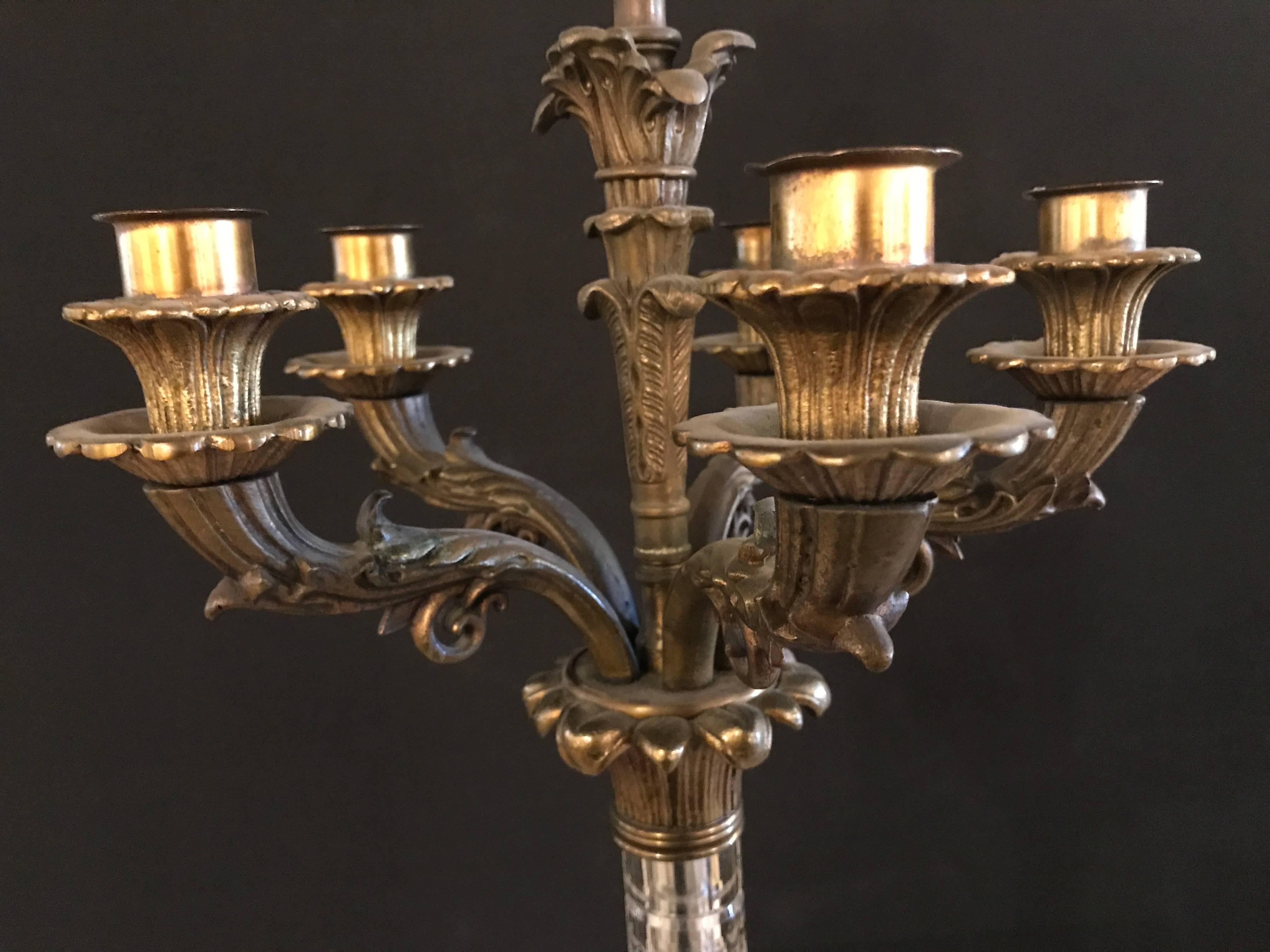 Pair of Empire Style Glass Column Form Candelabra Lamps 1