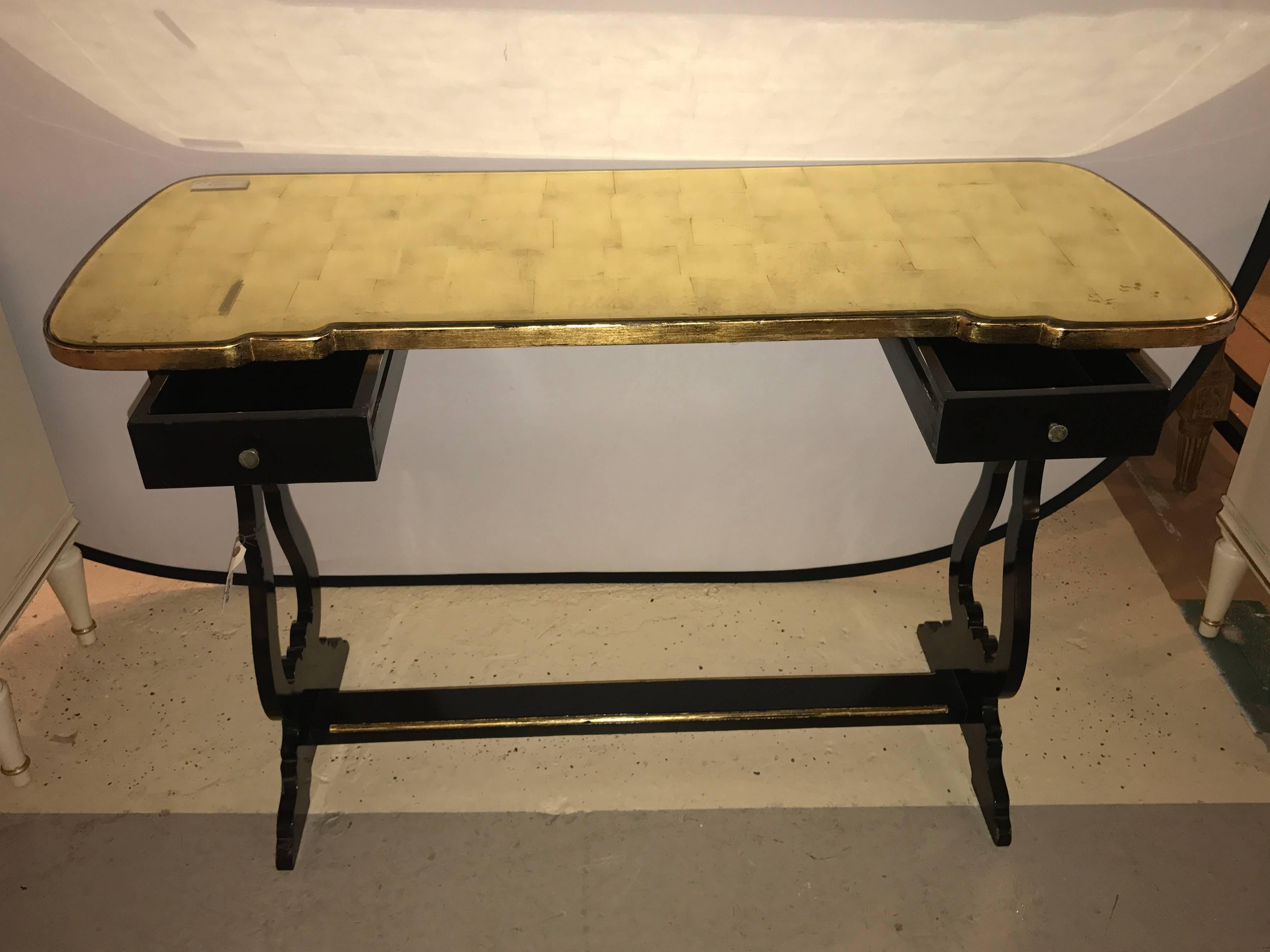 20th Century French Ebonized Console Table or Desk with Gilt Glass Top Jansen Style