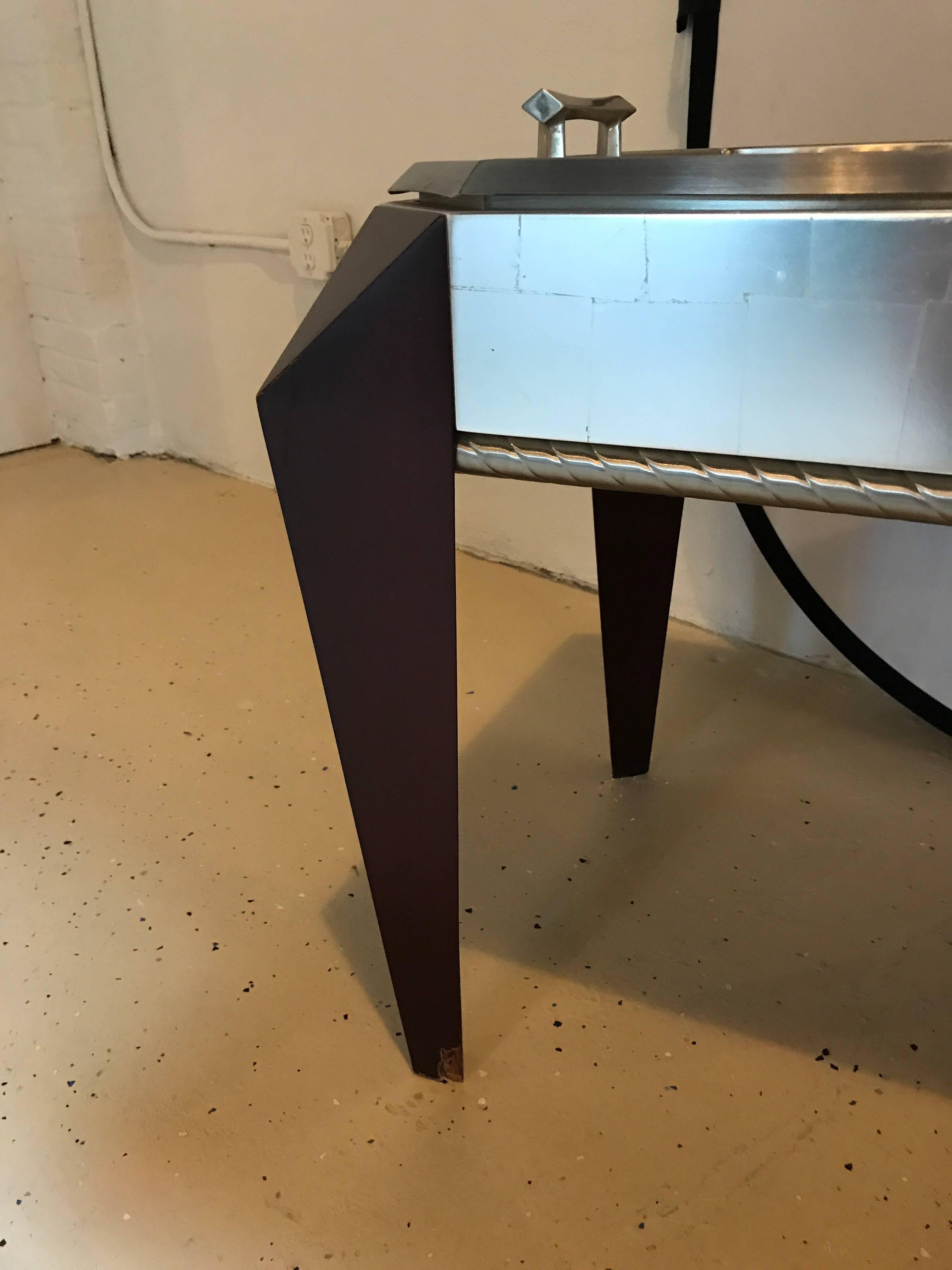 Pair of Dakota Jackson Stainless Steel Serving Trays on Mahogany Legs In Good Condition In Stamford, CT
