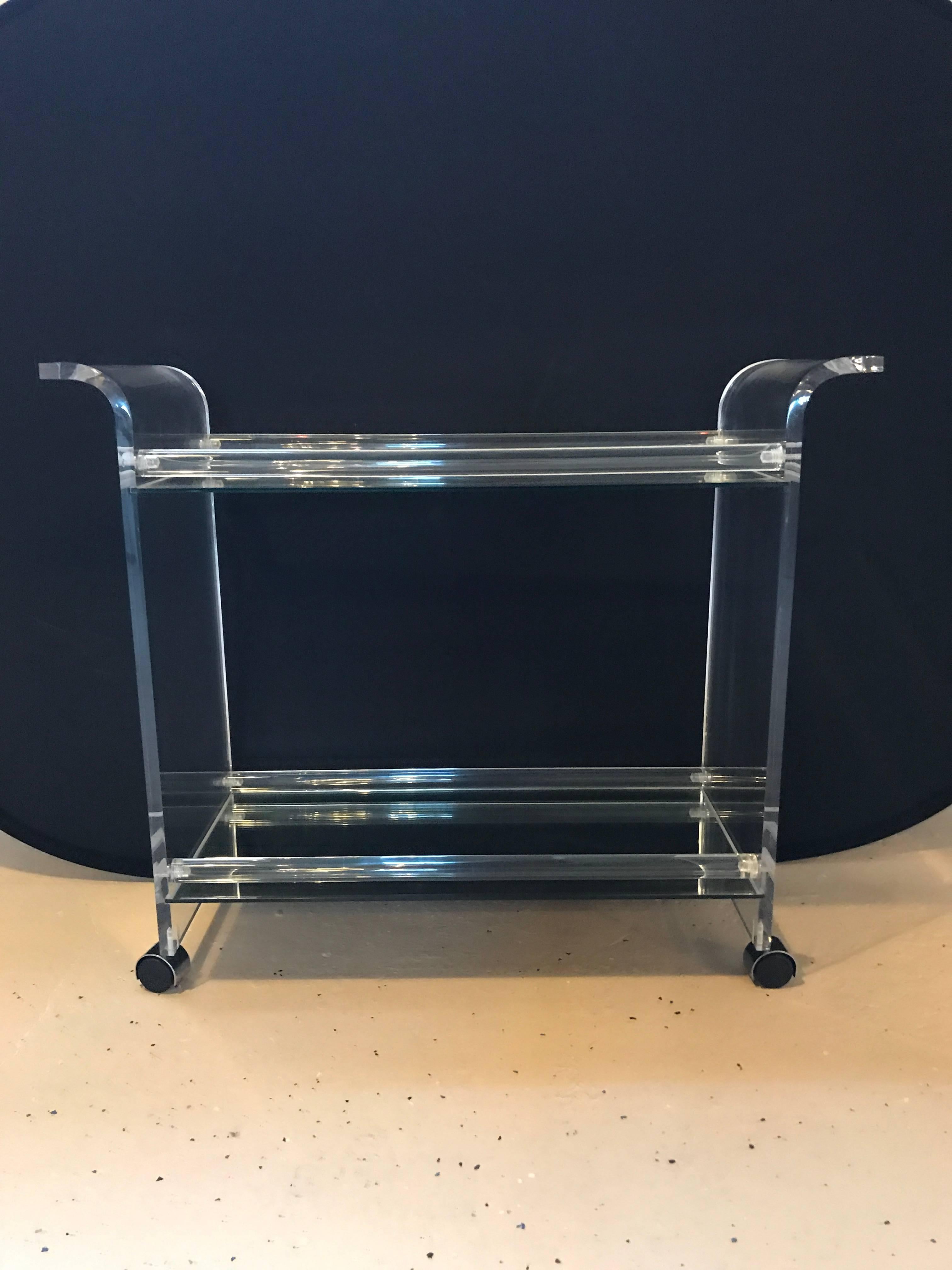 20th Century Hollywood Regency Style Two-Tier Lucite and Mirrored Shelf Rolling Bar Cart