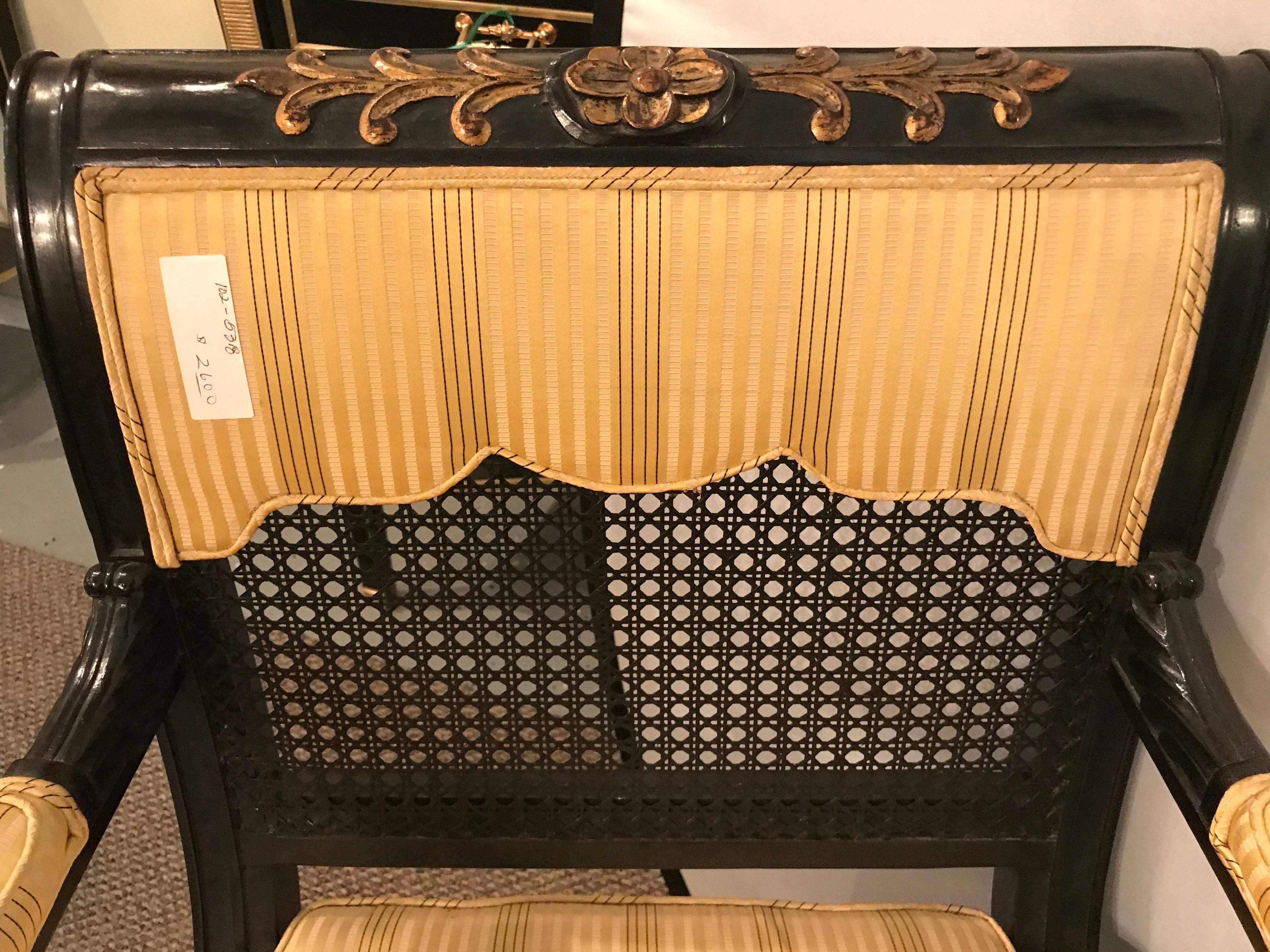 20ième siècle Fauteuils de style Jansen, Louis XVI, laque noire, tissu, canne, France, années 1930 en vente