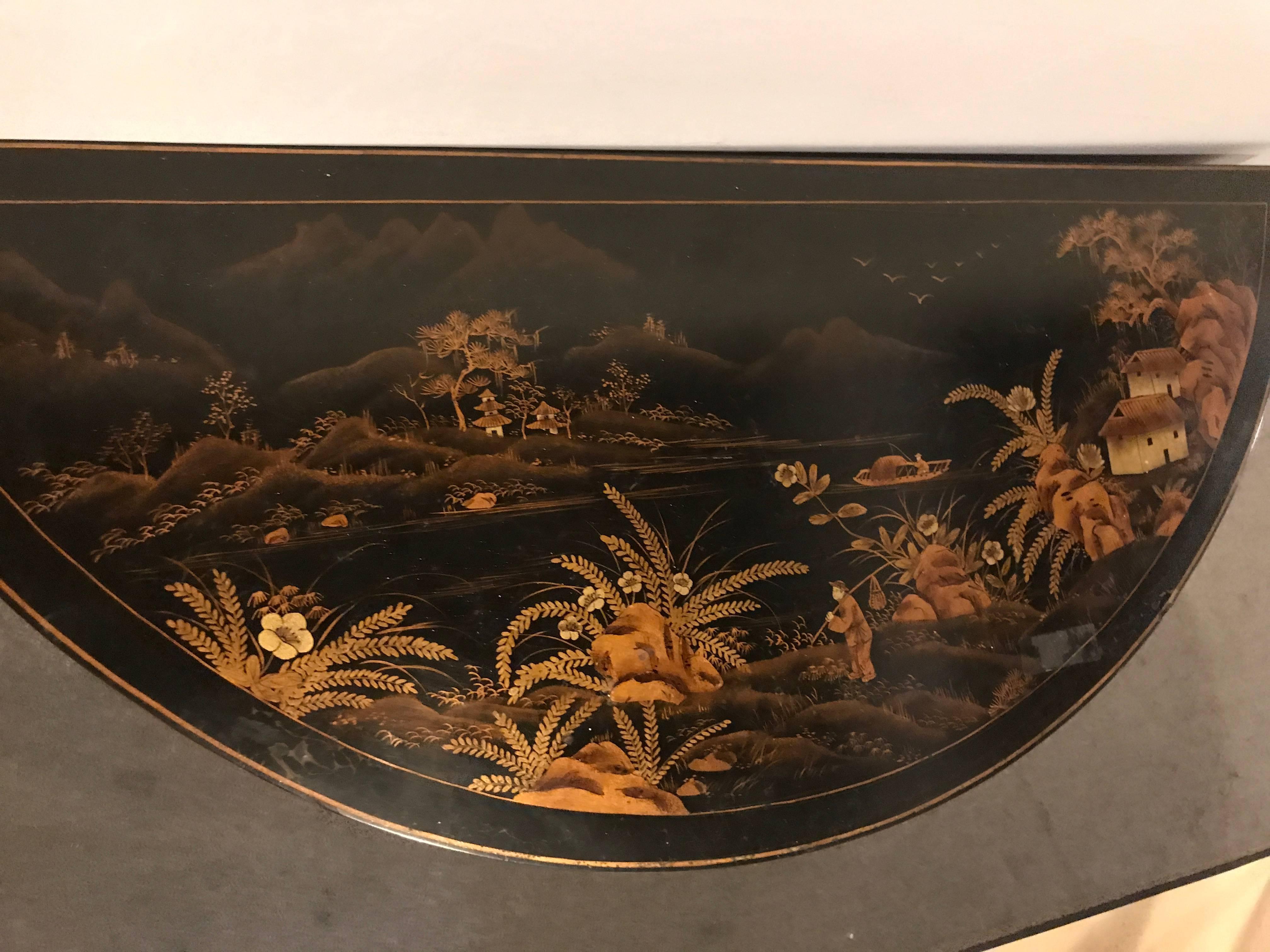 Mid-Century Modern Ebonized Chinoiserie Decorated Demilune Server or Chest In Good Condition In Manhasset, NY