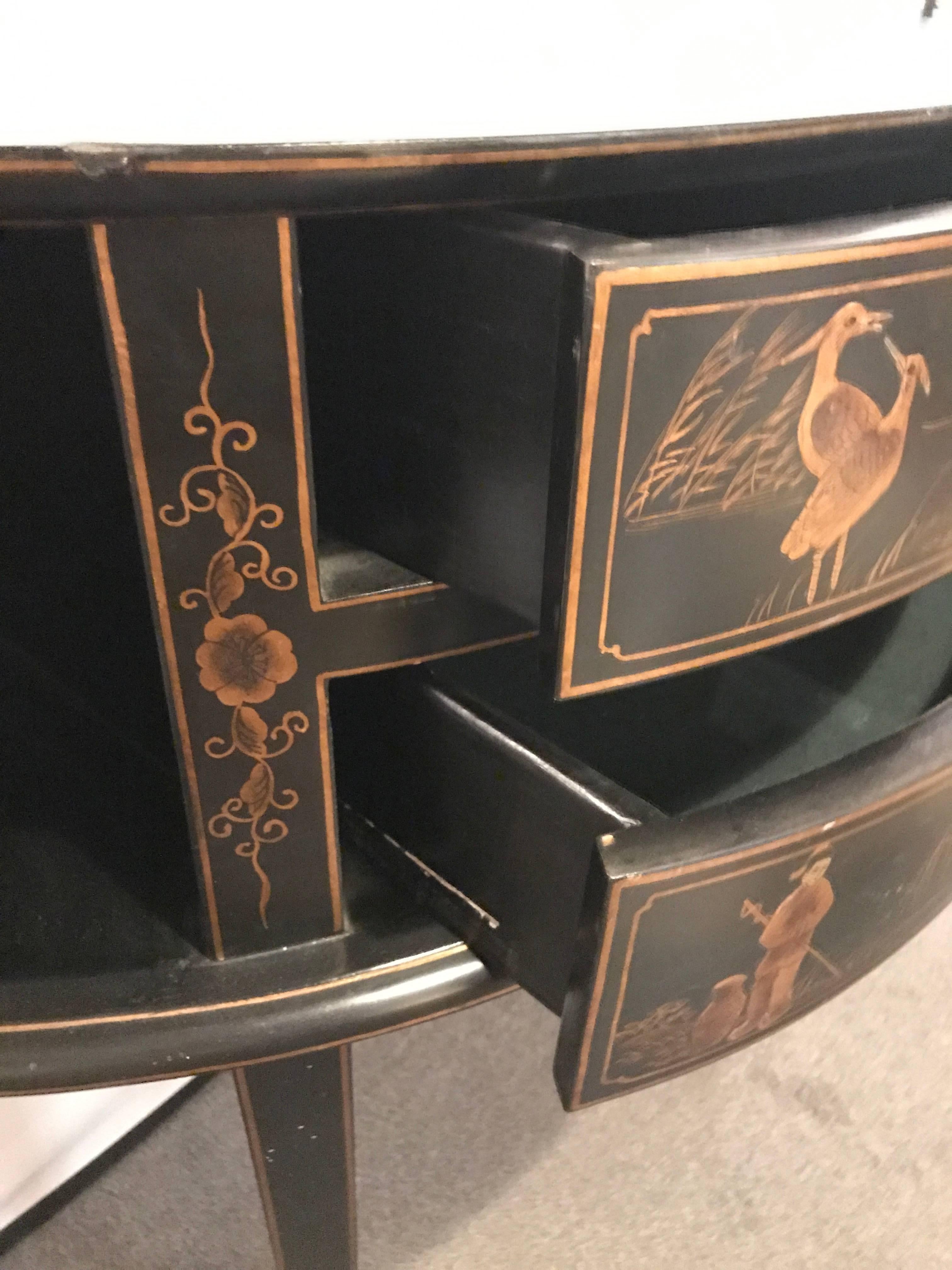 Mid-Century Modern Ebonized Chinoiserie Decorated Demilune Server or Chest 3