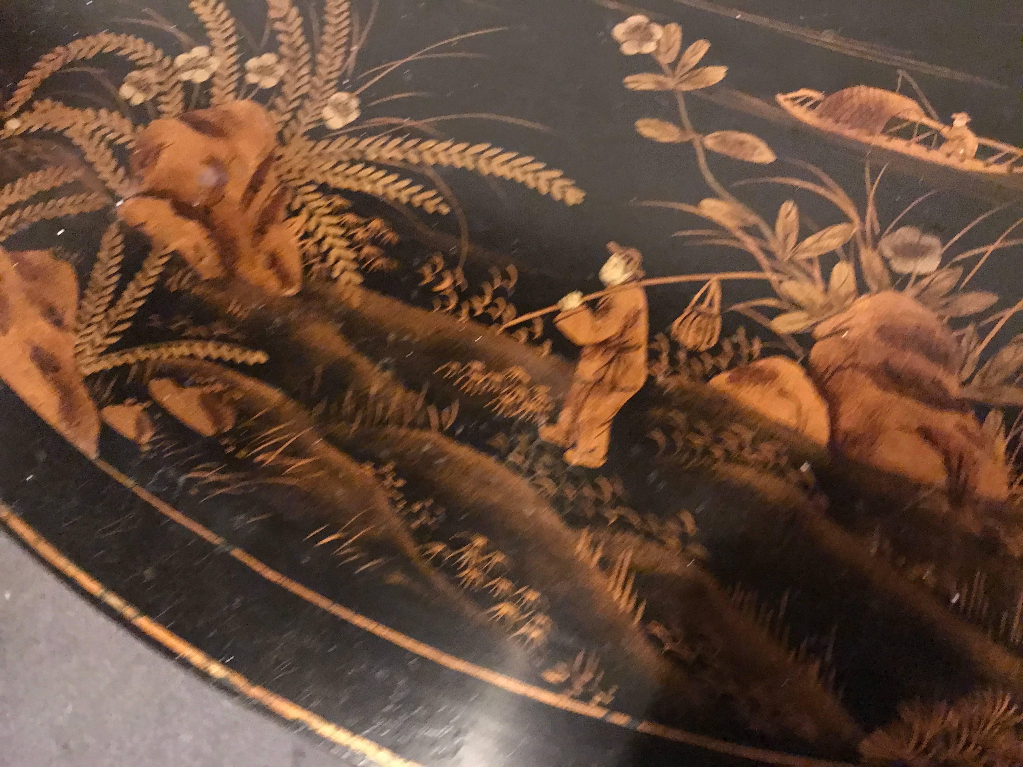 Mid-Century Modern Ebonized Chinoiserie Decorated Demilune Server or Chest 1