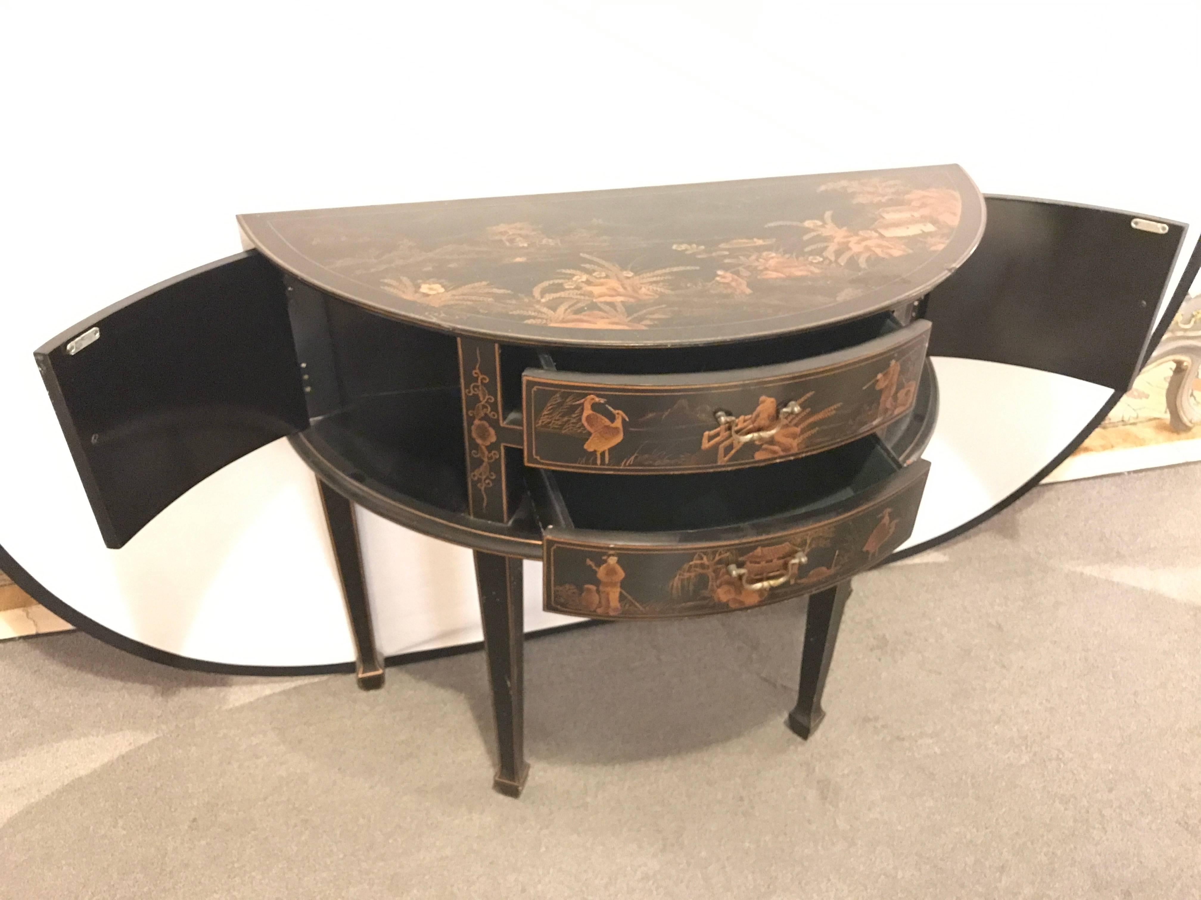Mid-Century Modern Ebonized Chinoiserie Decorated Demilune Server or Chest 2