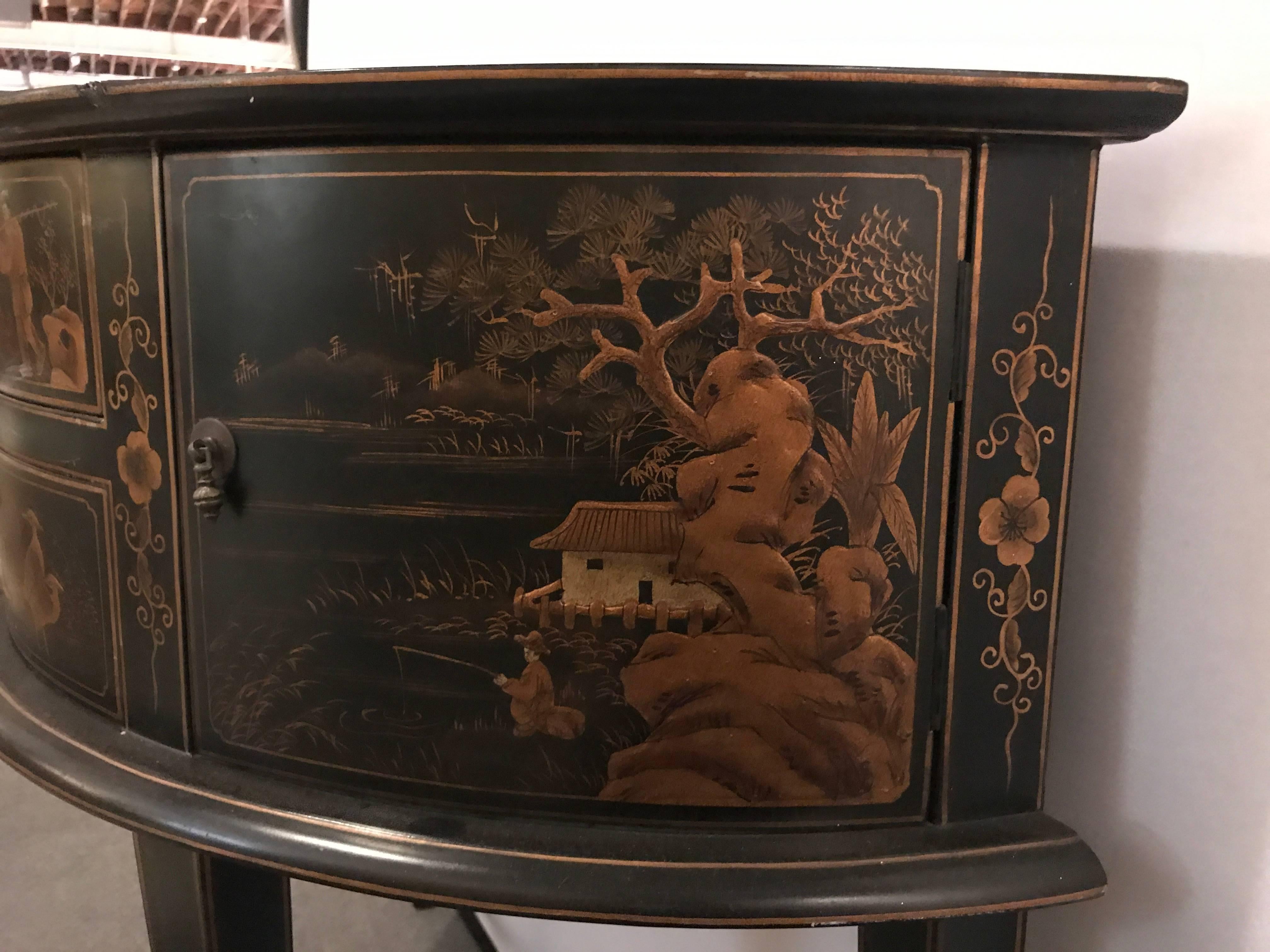 Mid-Century Modern Ebonized Chinoiserie Decorated Demilune Server or Chest 4