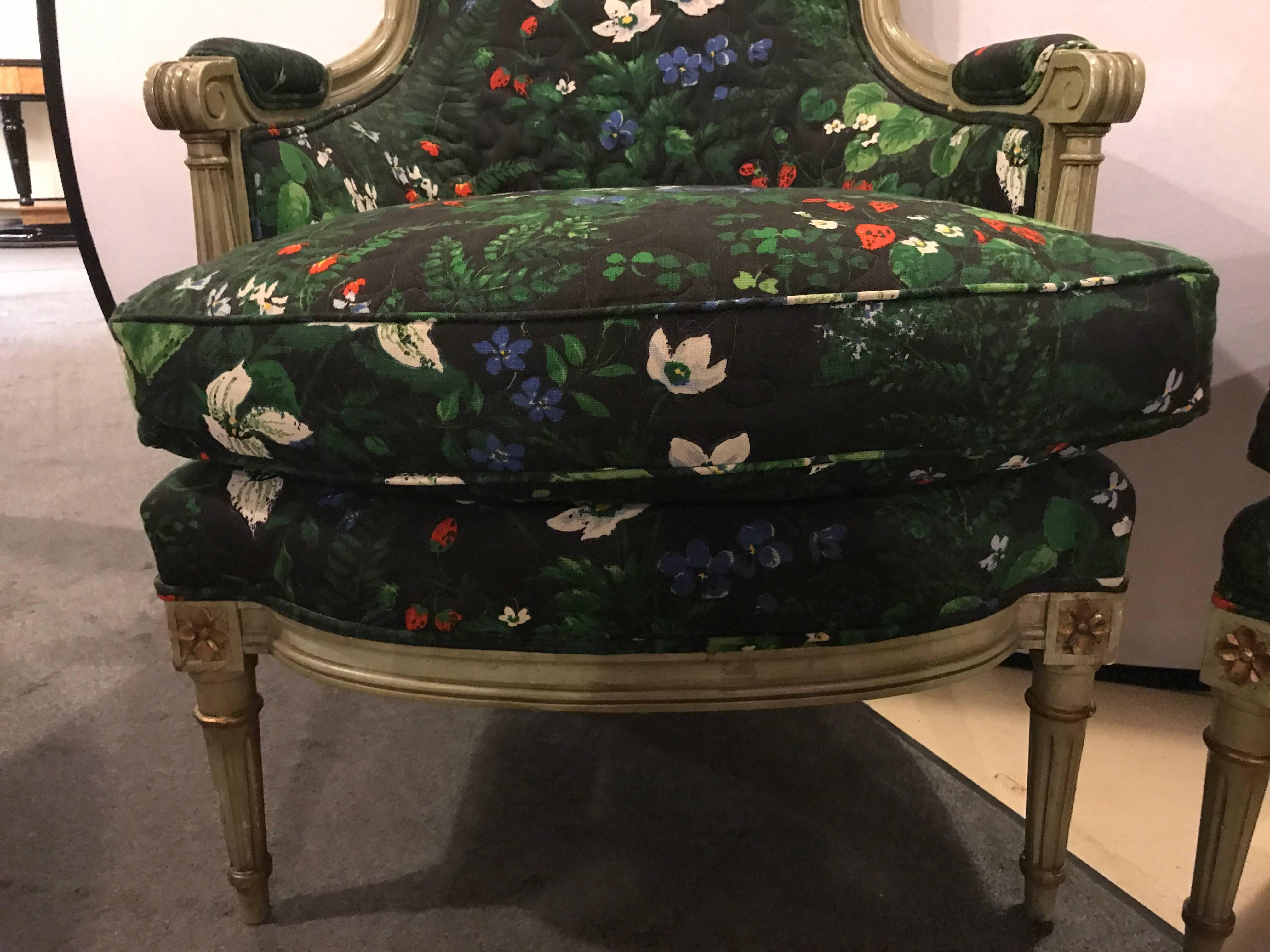 20th Century Pair of Louis XVI Style Bergere Chairs and Matching Ottomans by Jansen