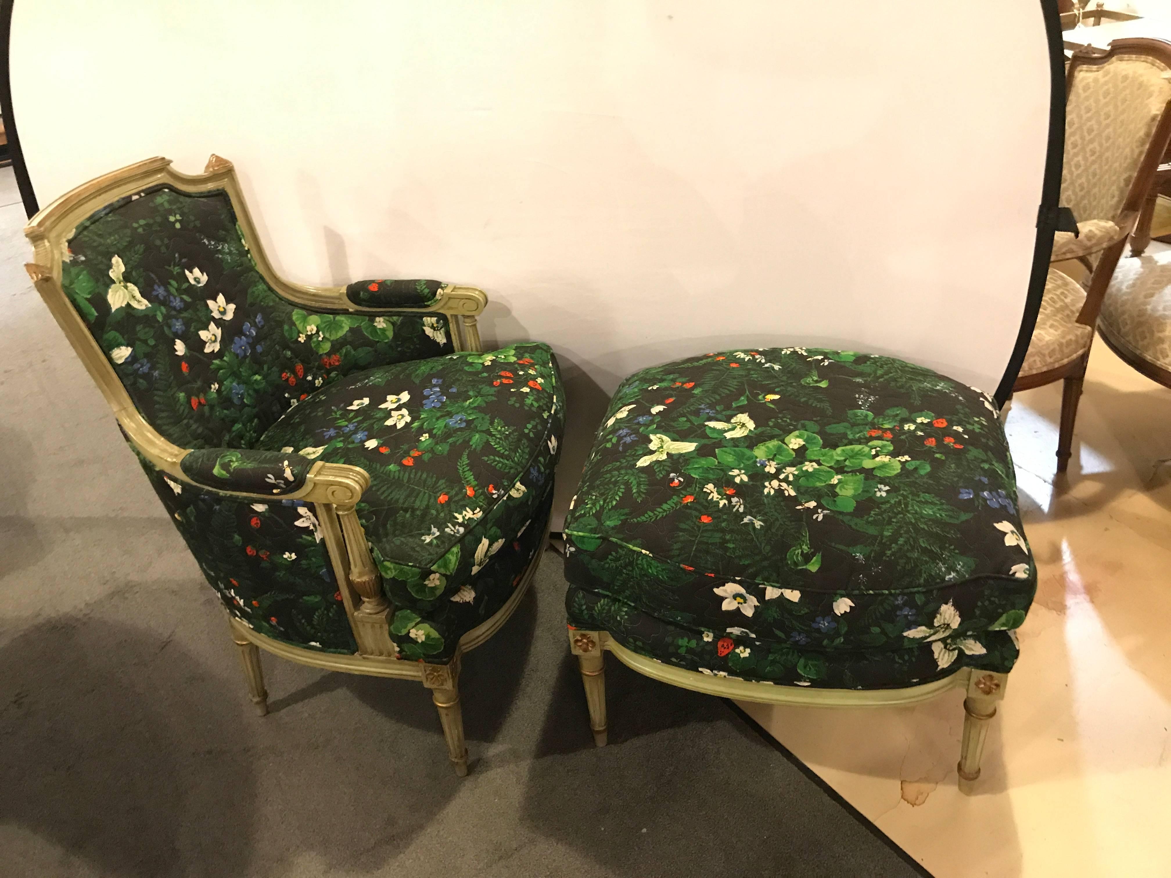 Pair of Louis XVI Style Bergere Chairs and Matching Ottomans by Jansen 1