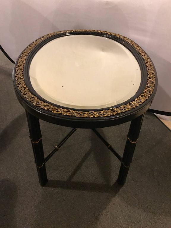 Hollywood Regency Beveled Mirror Top Black Oval Coffee Table with