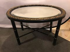 Hollywood Regency Beveled Mirror Top Black Oval Coffee Table with Bronze Mounts
