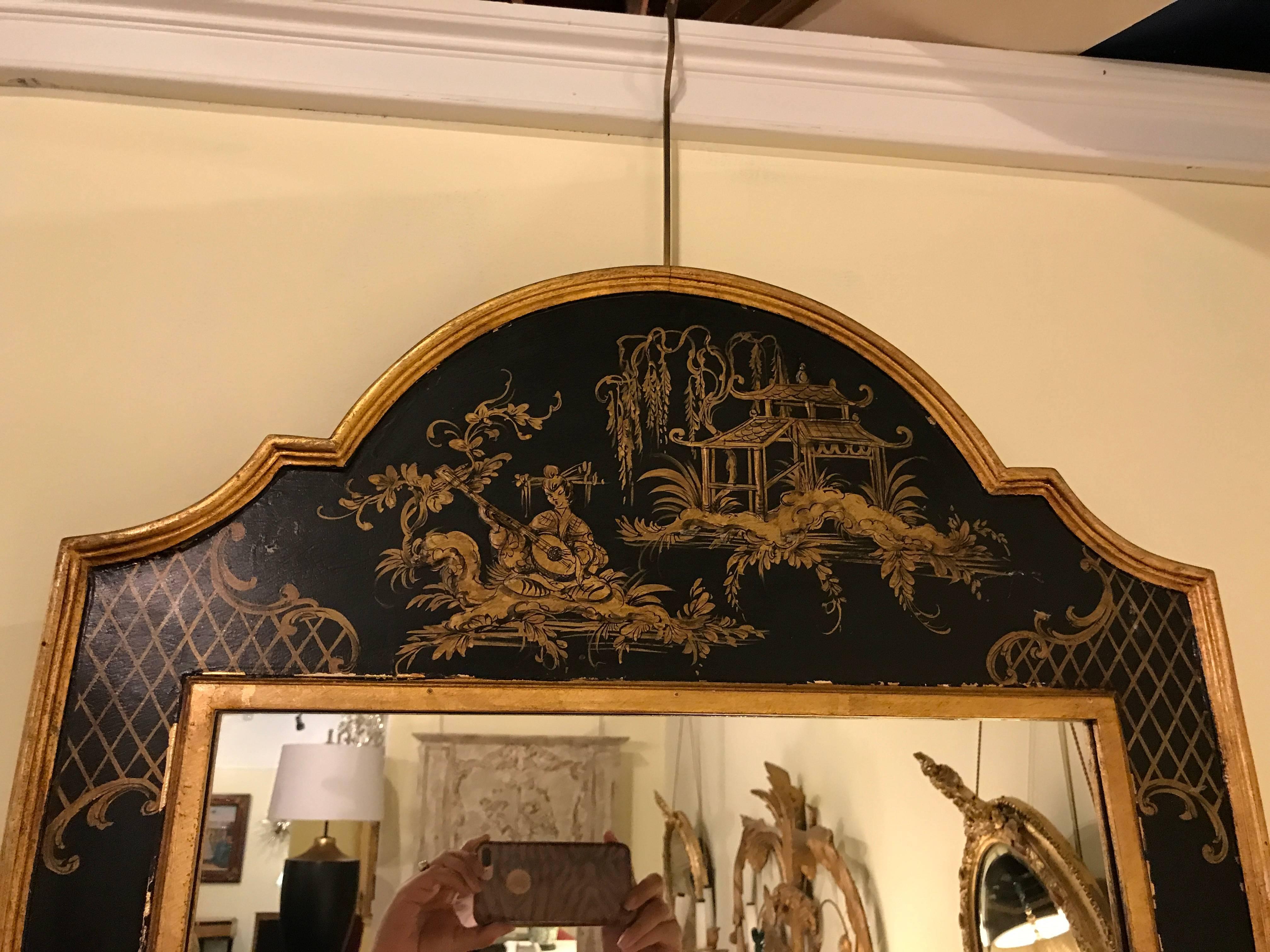 Chinese Export Chinoiserie Ebony and Gilt Decorated Wall or Console Mirror