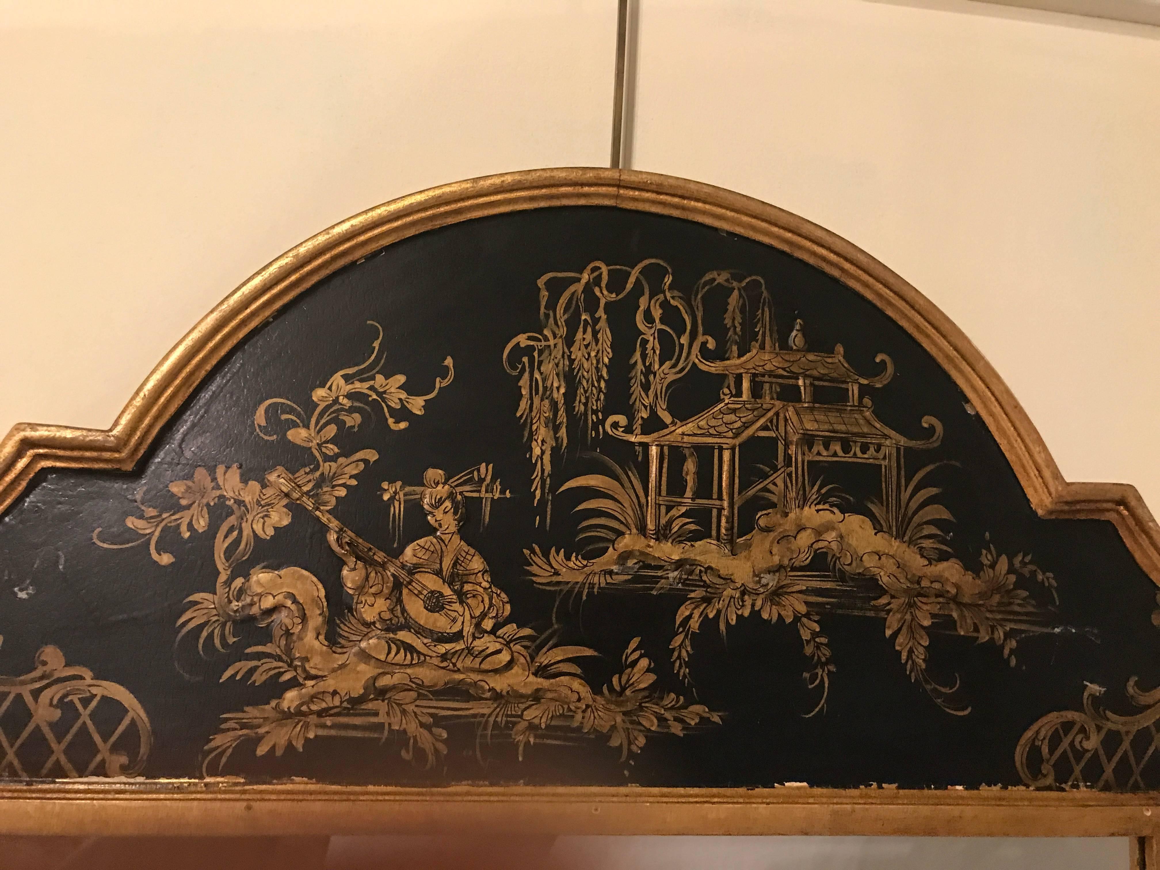 Chinoiserie Ebony and Gilt Decorated Wall or Console Mirror In Good Condition In Stamford, CT