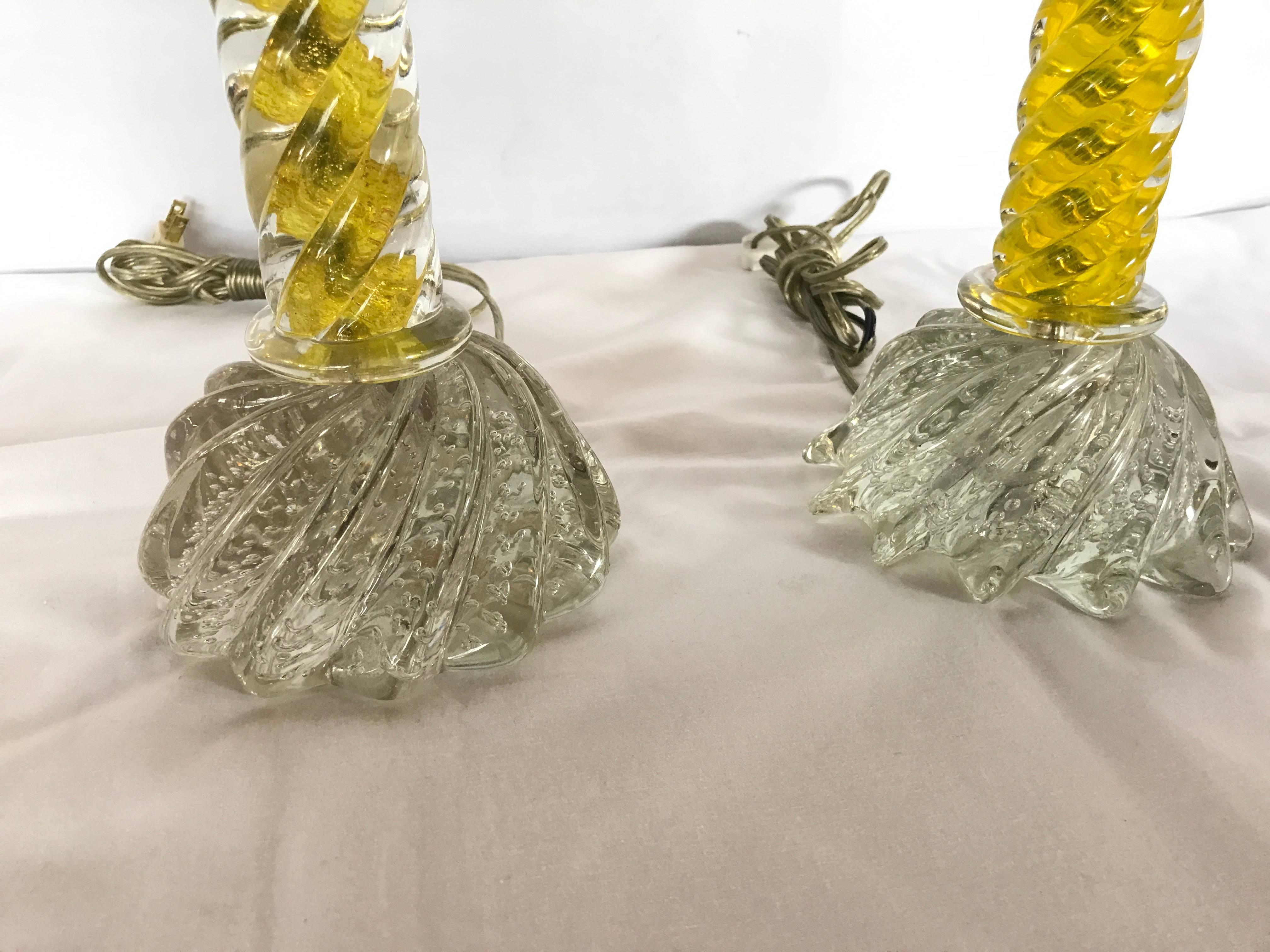 20th Century Pair of Murano Glass Lemon Twist and Clear Table Lamps