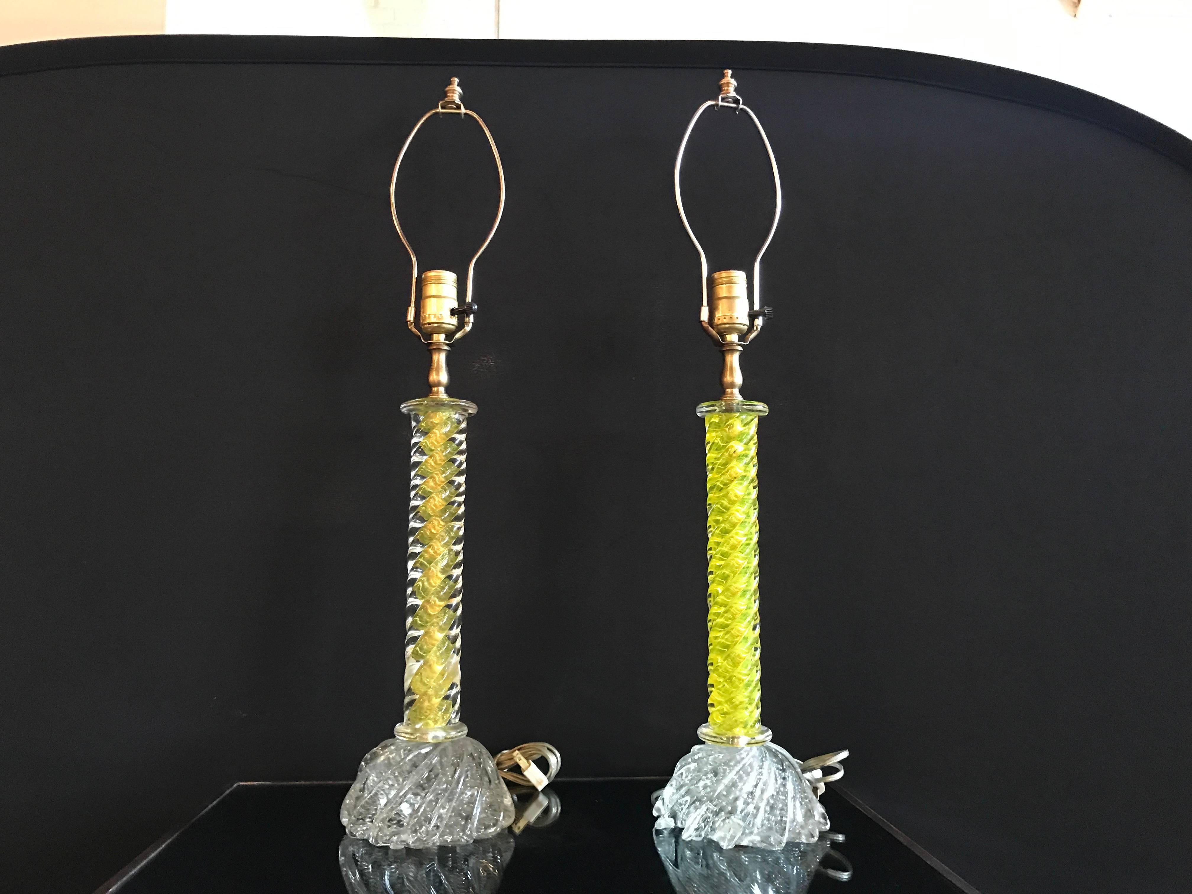 Art Deco Pair of Murano Glass Lemon Twist and Clear Table Lamps