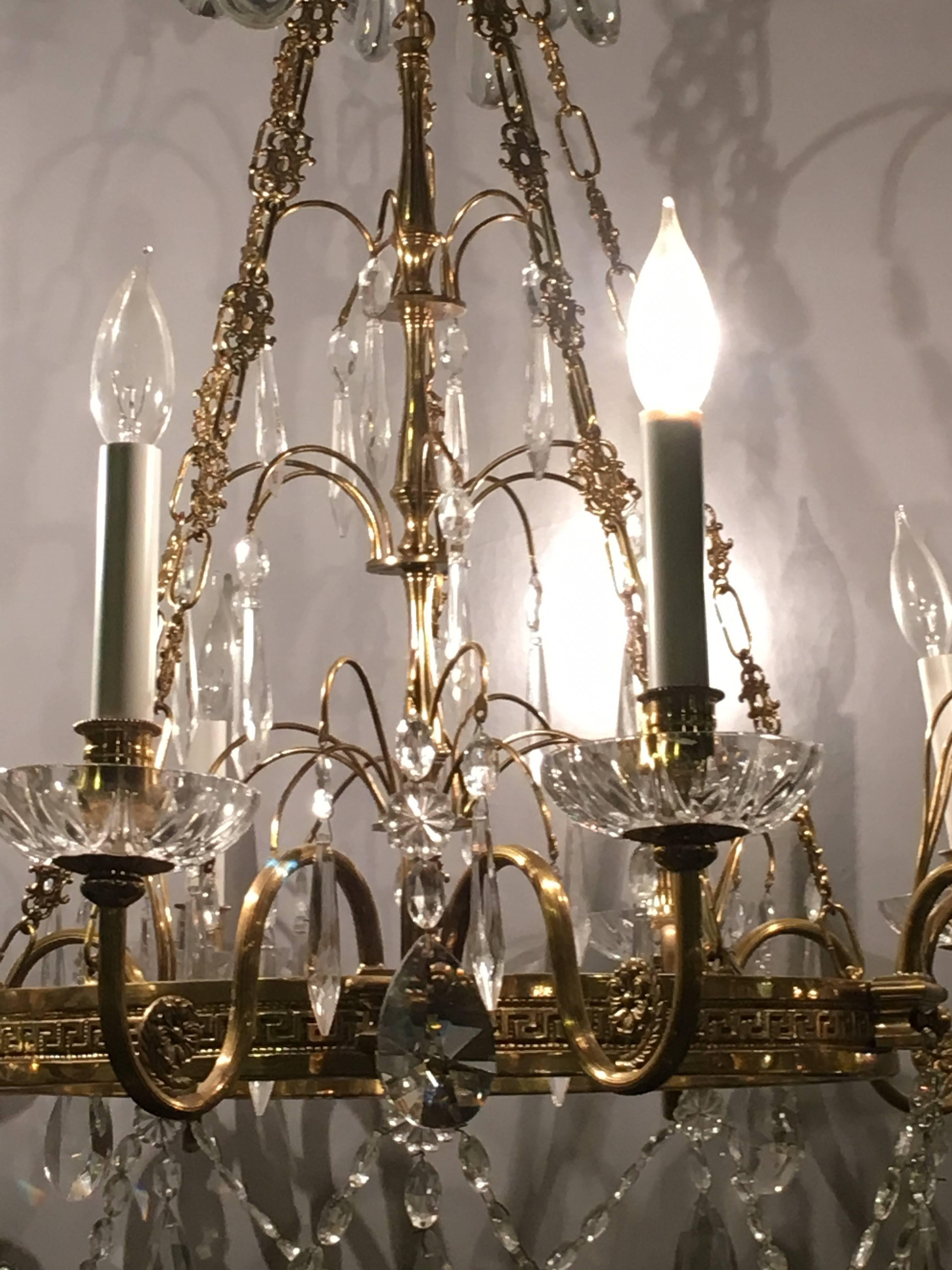 Russian Neoclassical Style Hollywood Regency Crystal and Brass Chandelier In Good Condition In Stamford, CT