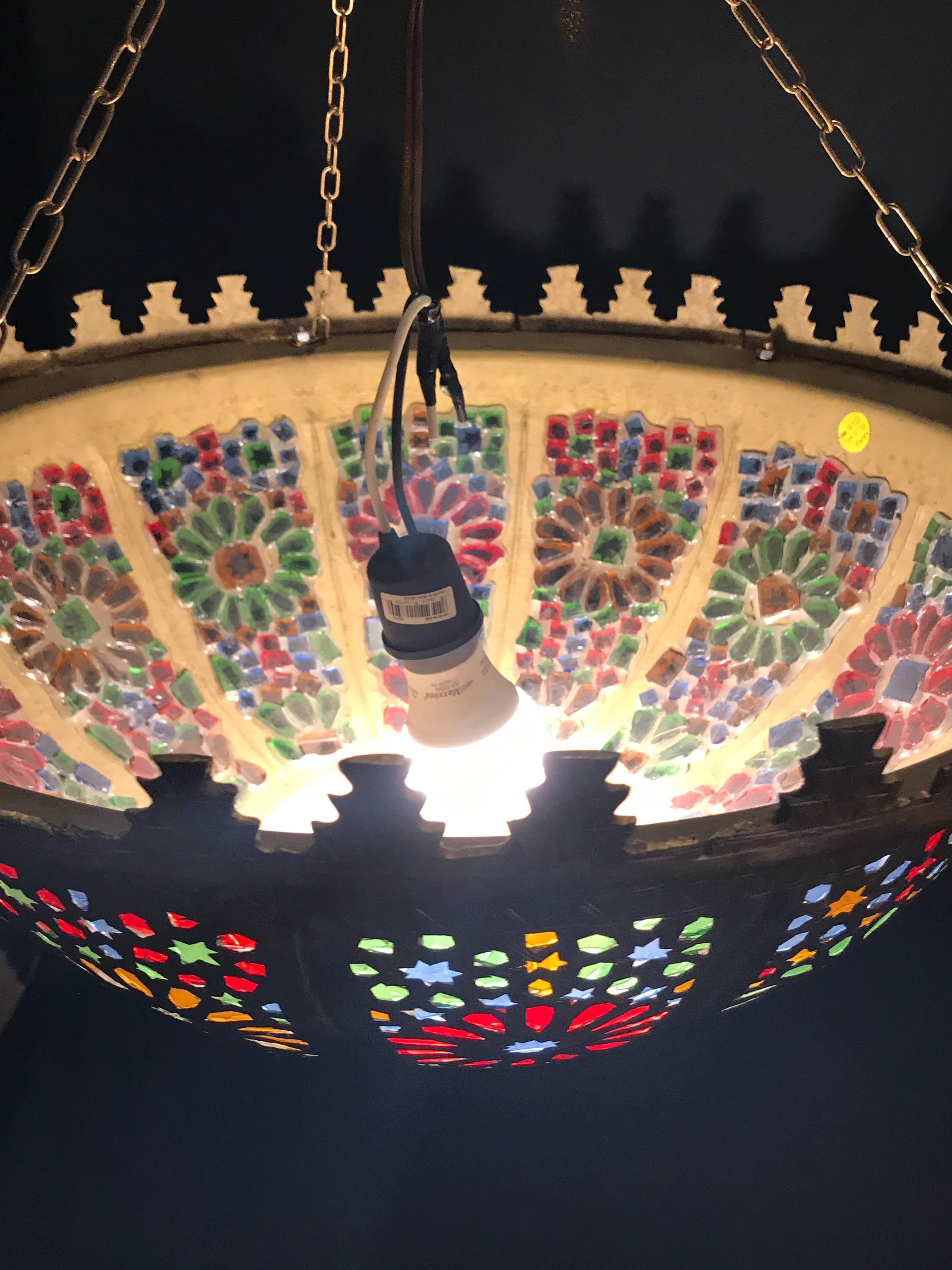 Moorish Tiffany Fashioned Hand-Hammered Brass and Colored Glass Light Fixture