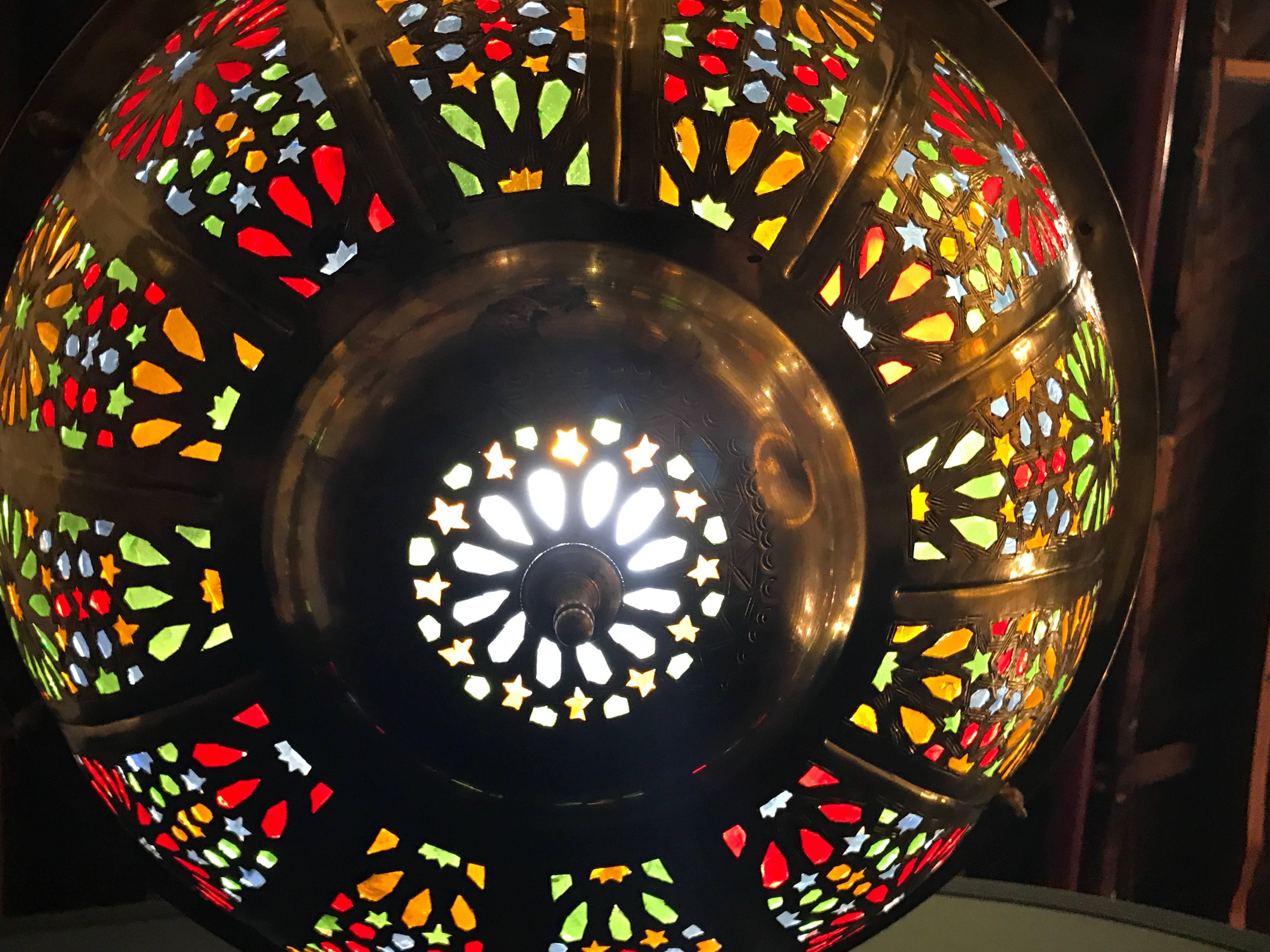 Moroccan Tiffany Fashioned Hand-Hammered Brass and Colored Glass Light Fixture