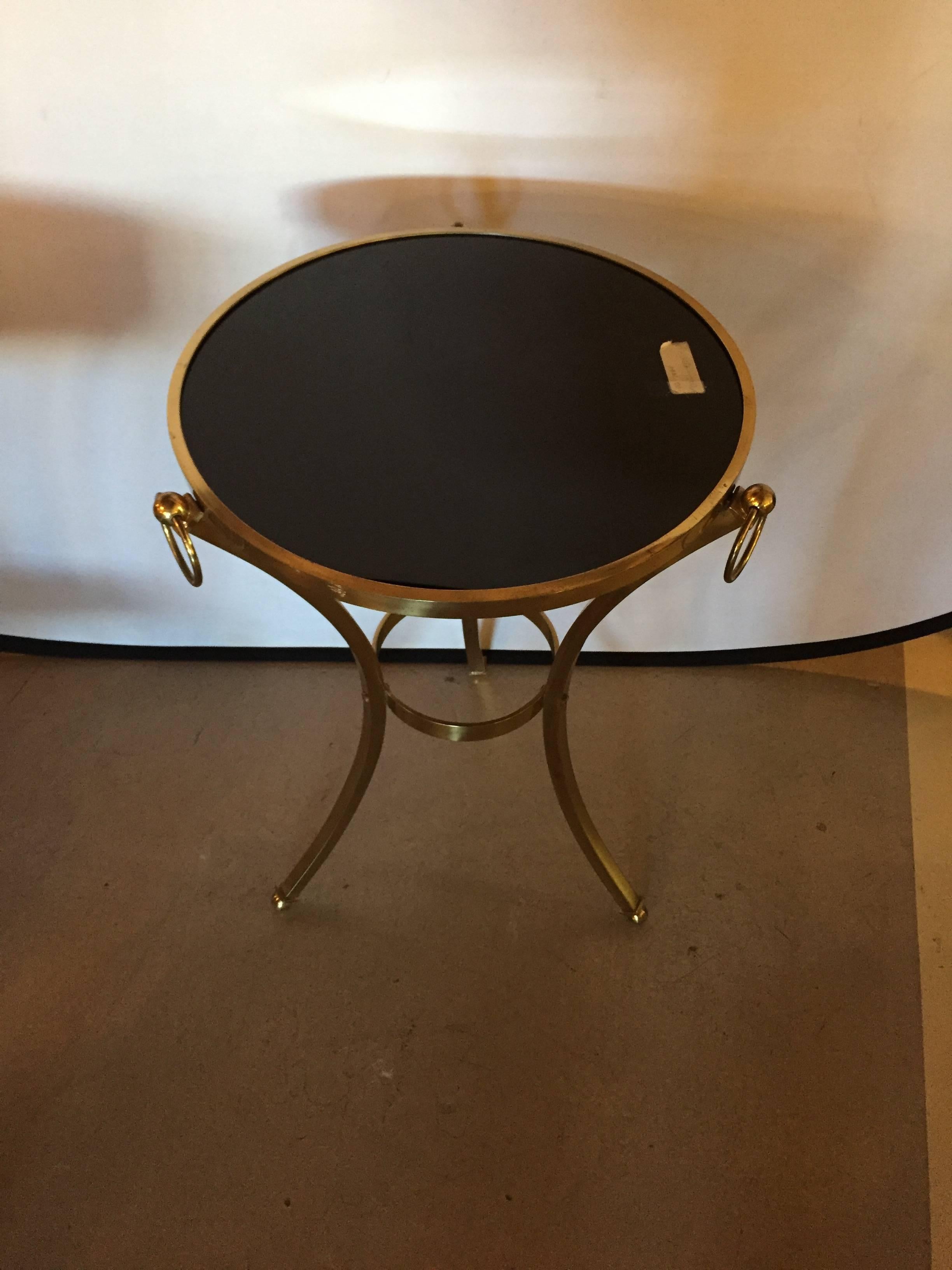 Small Brass Hollywood Regency Gueridon Table with Glass Top In Good Condition In Stamford, CT
