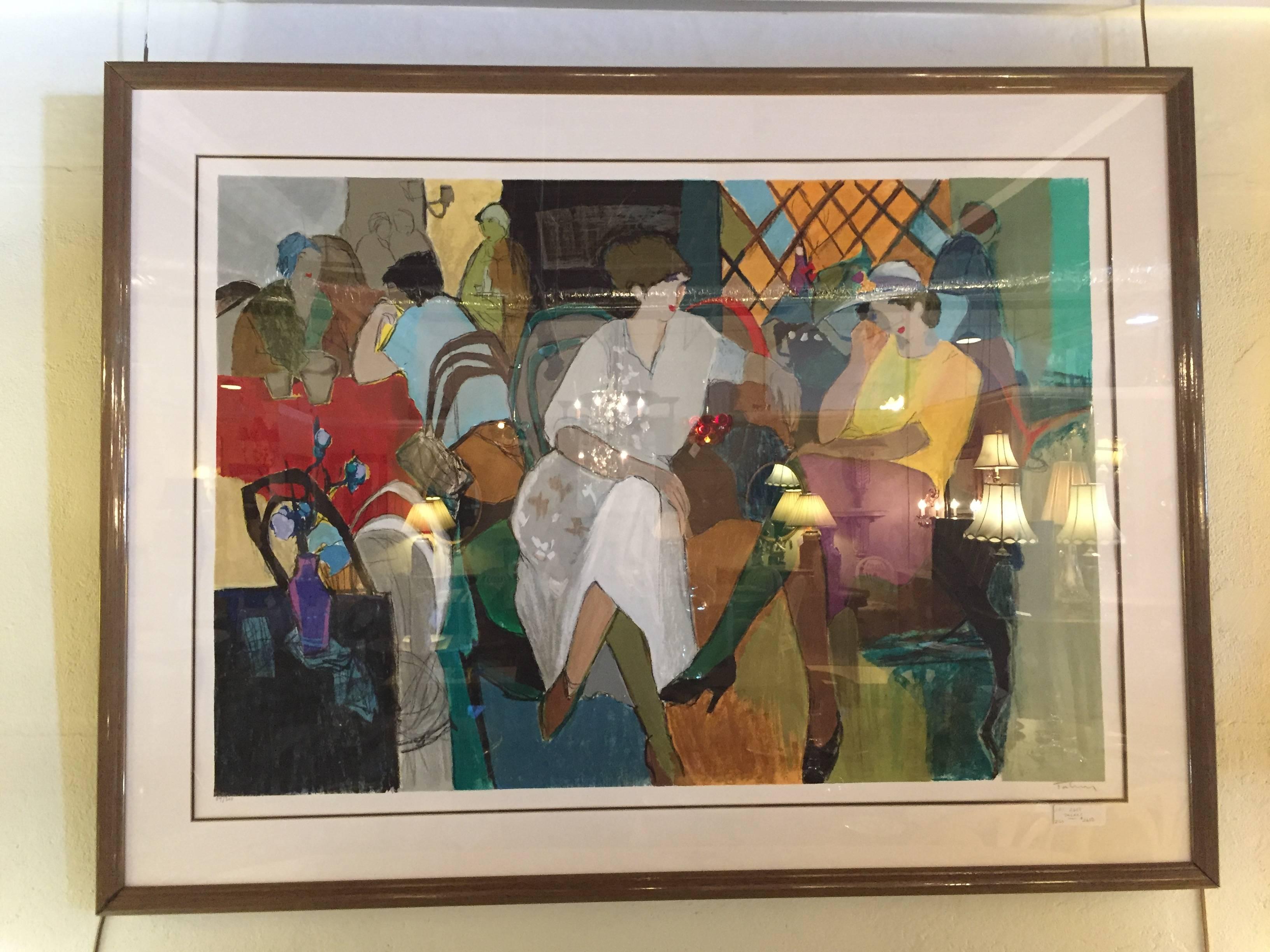 Itzchak Tarkay sillkscreen print Cafe De Paris signed and numbered, 59 of 300.
The piece itself in a gold frame and under glass. Several woman dressed in Art Deco clothing sitting at tables in the Café.
Itzchak Tarkay. Itzchak Tarkay (1935-June 3,
