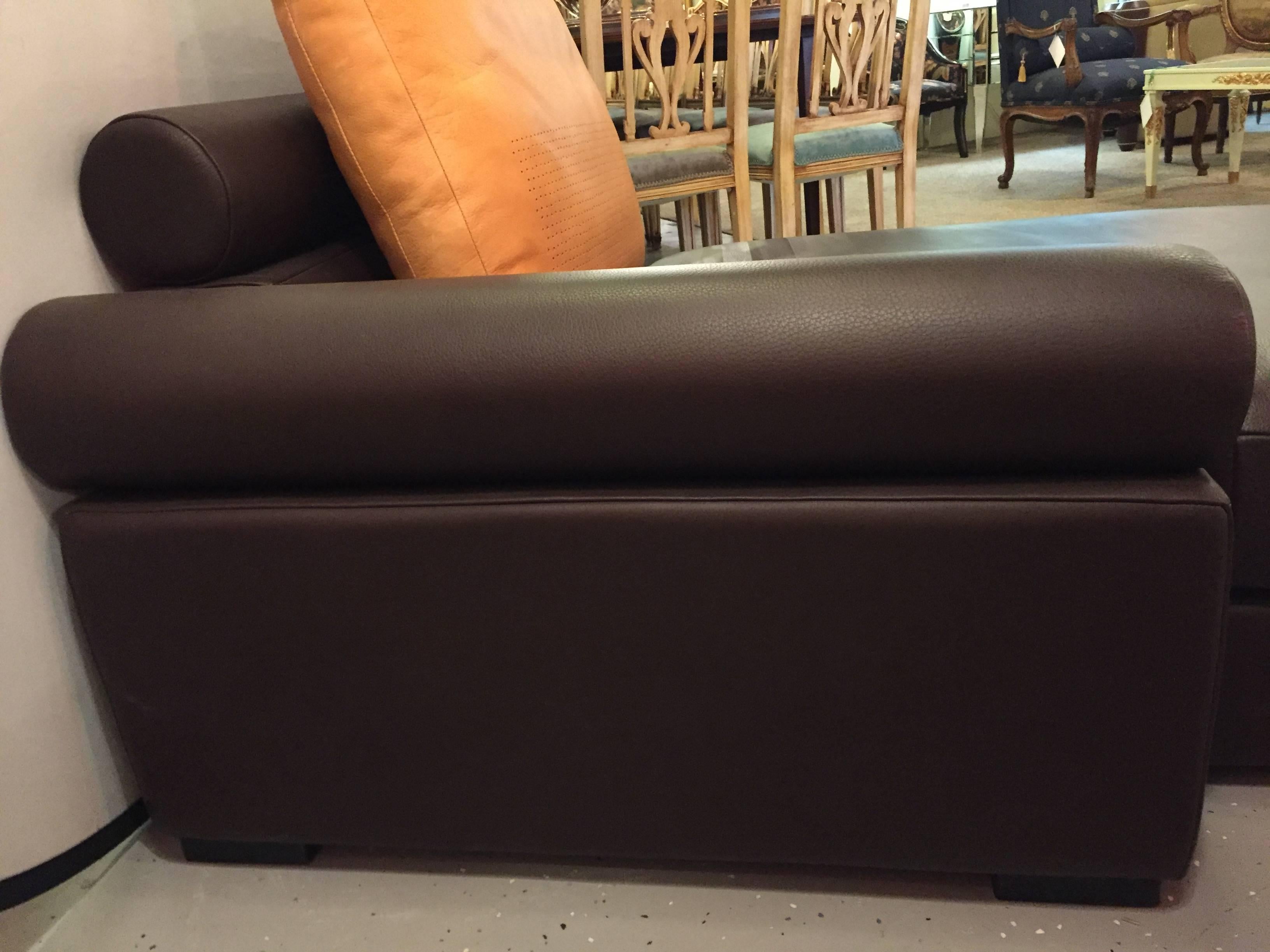 Contemporary Chaise Lounge or Daybed in Brown Leather with Cushion by Roche Bobois
