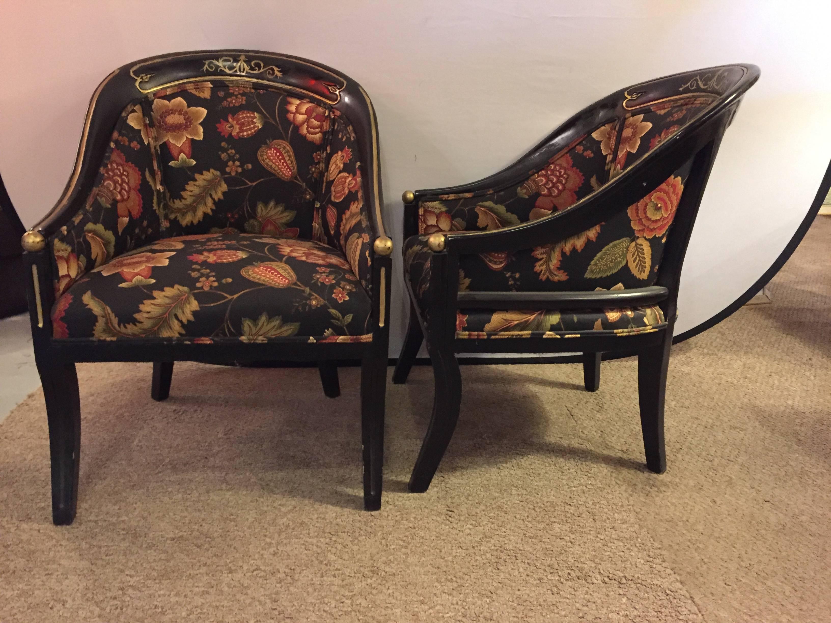 Pair Hollywood Regency Style Regency Armchairs Ebonized Frame Gilt Decoration In Good Condition In Stamford, CT