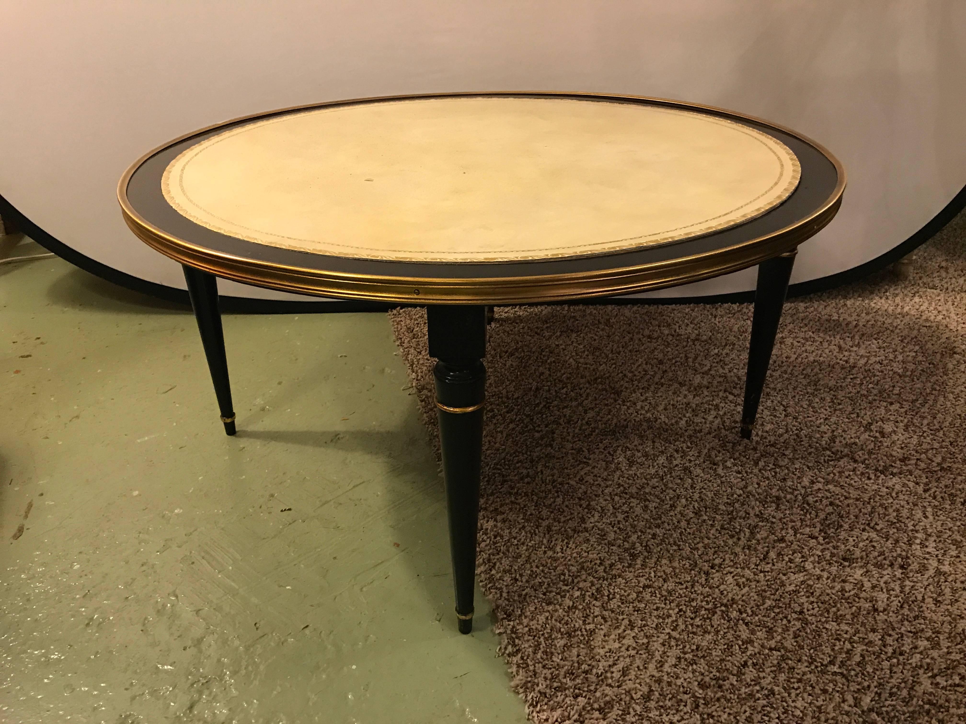 Ebonized Hollywood Regency Coffee Cocktail or Low Table with Leather Top In Good Condition In Stamford, CT
