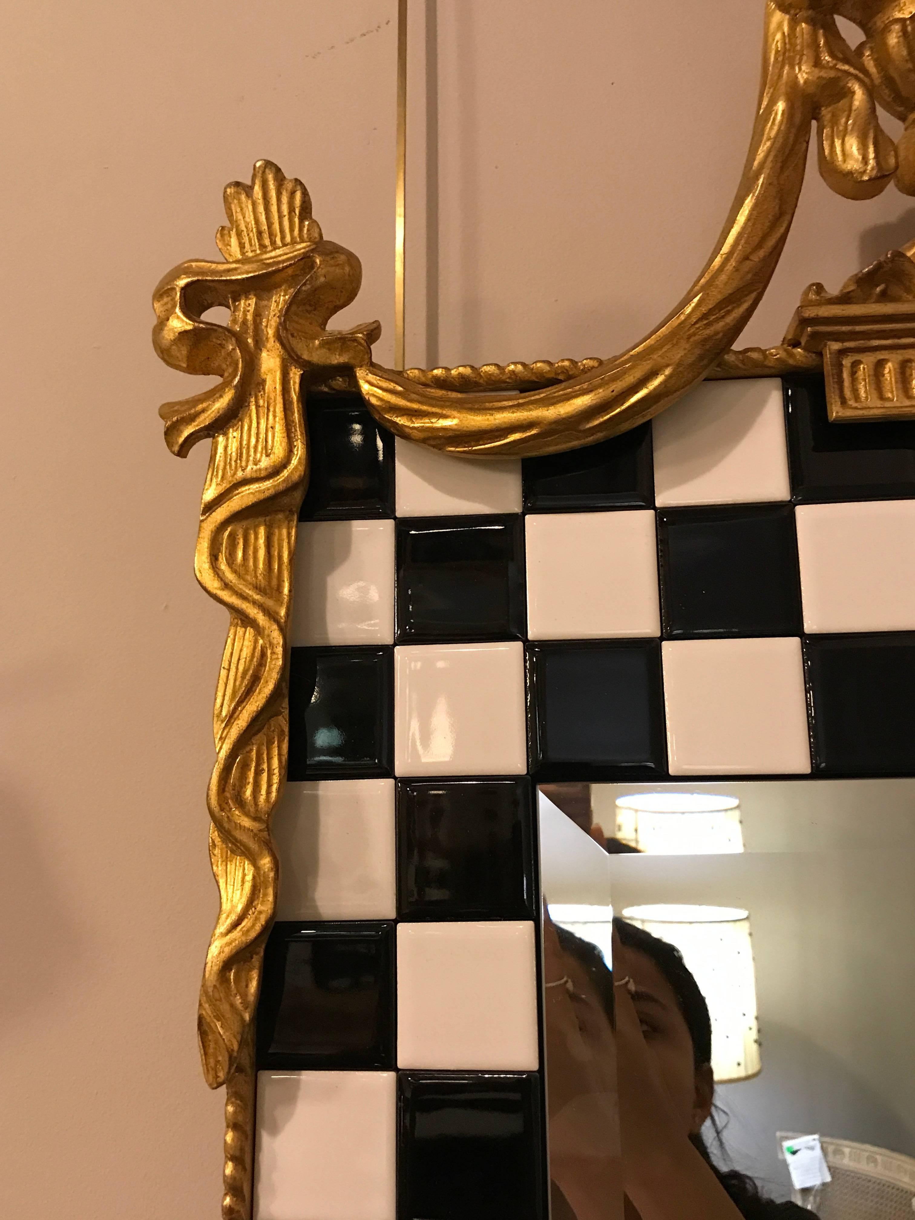 Hollywood Regency Carvers Guild Gilt Gold and Checker Board Decorated Mirror In Good Condition In Stamford, CT