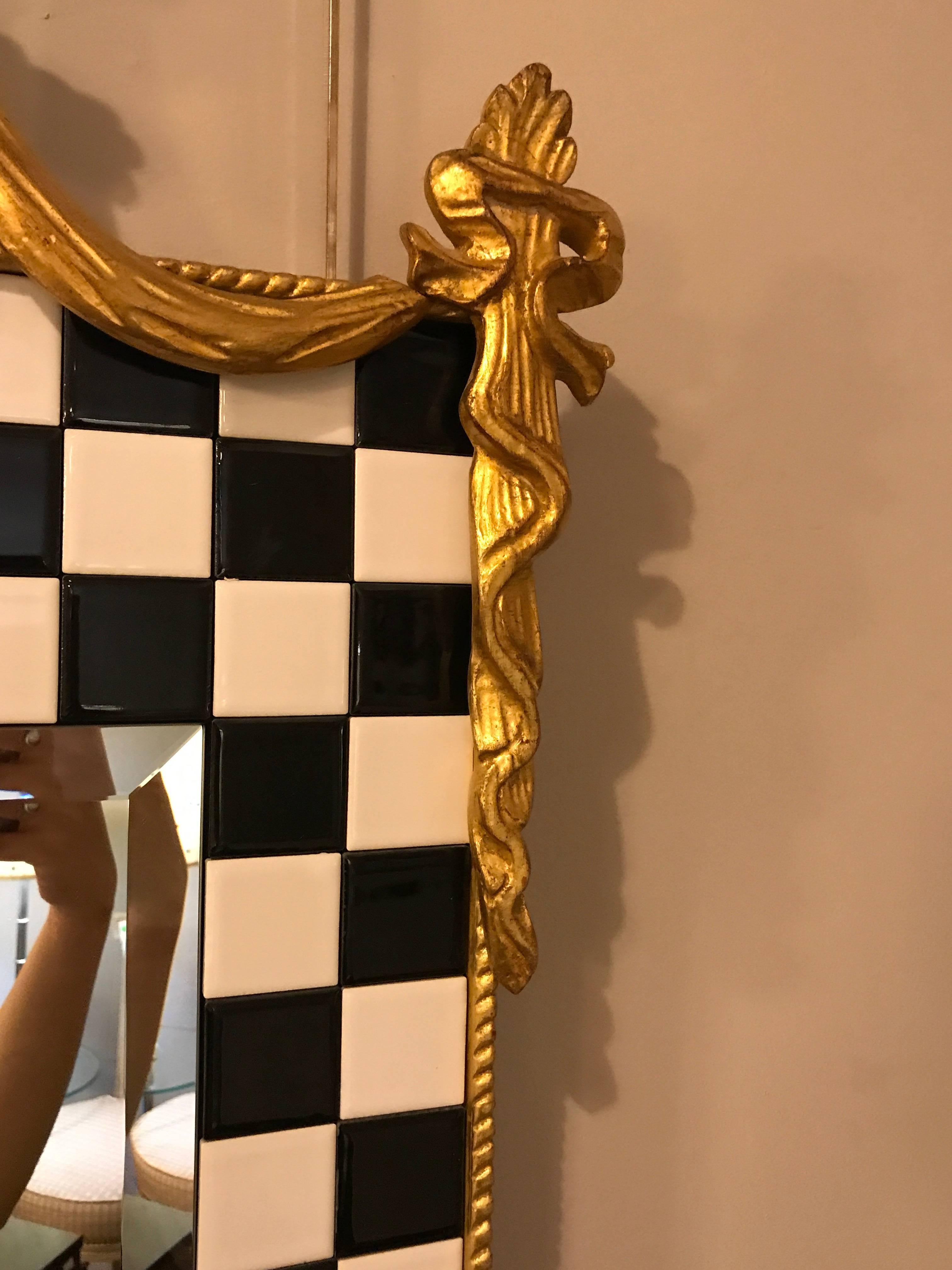 20th Century Hollywood Regency Carvers Guild Gilt Gold and Checker Board Decorated Mirror