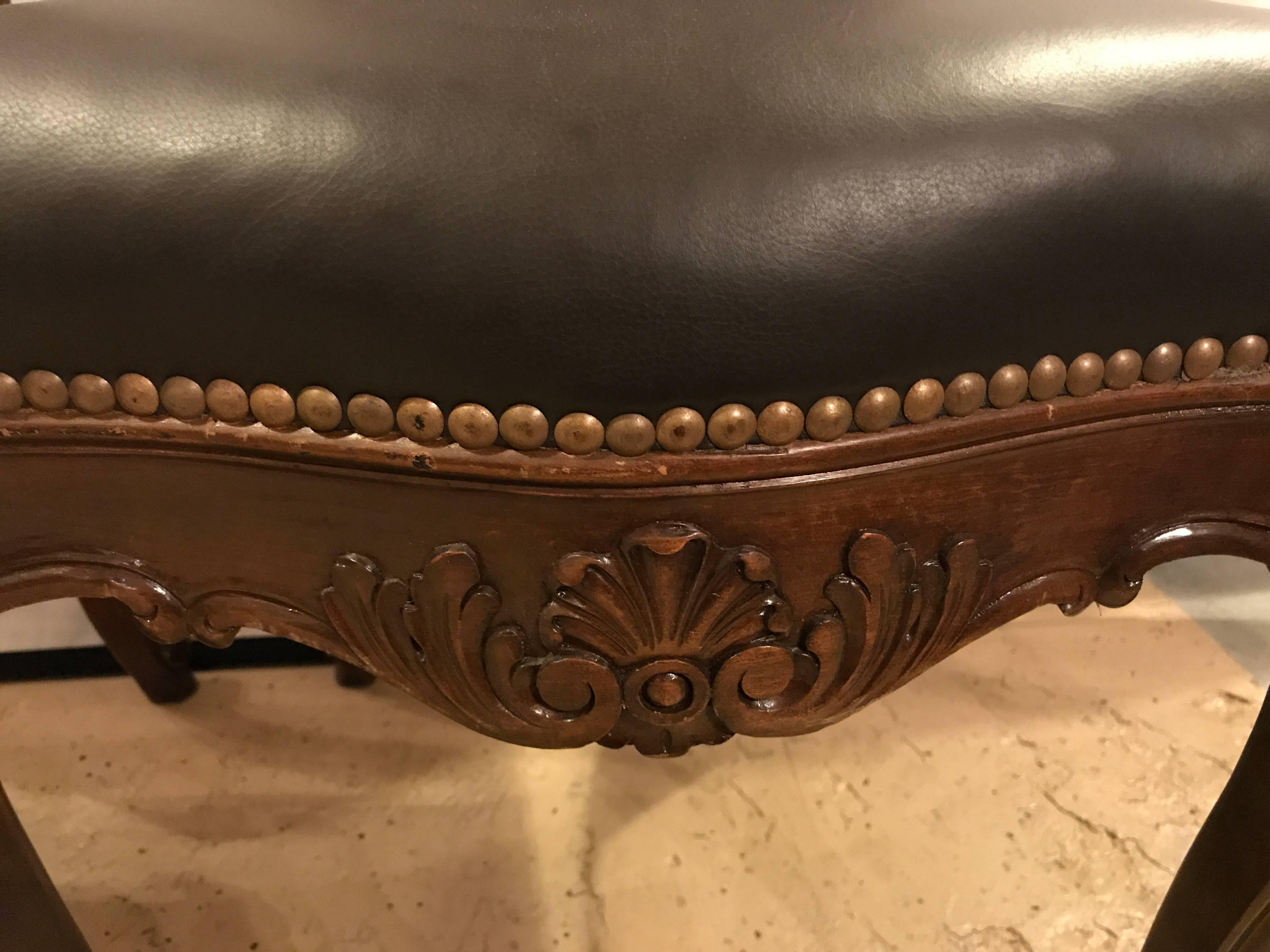 Set of Six Louis XV Style Brown Leather Carved Side Chairs In Good Condition In Stamford, CT