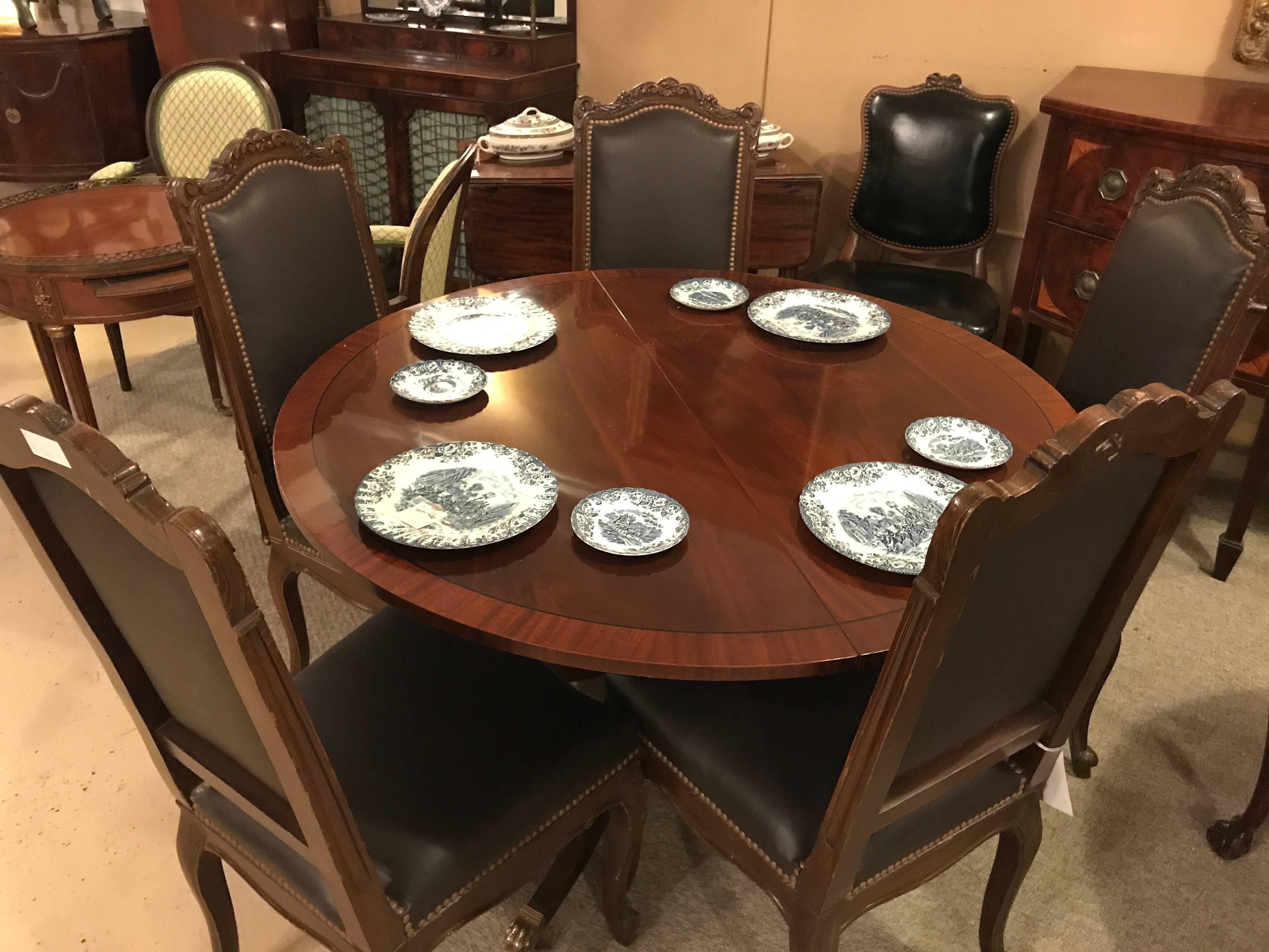 Set of Six Louis XV Style Brown Leather Carved Side Chairs 1