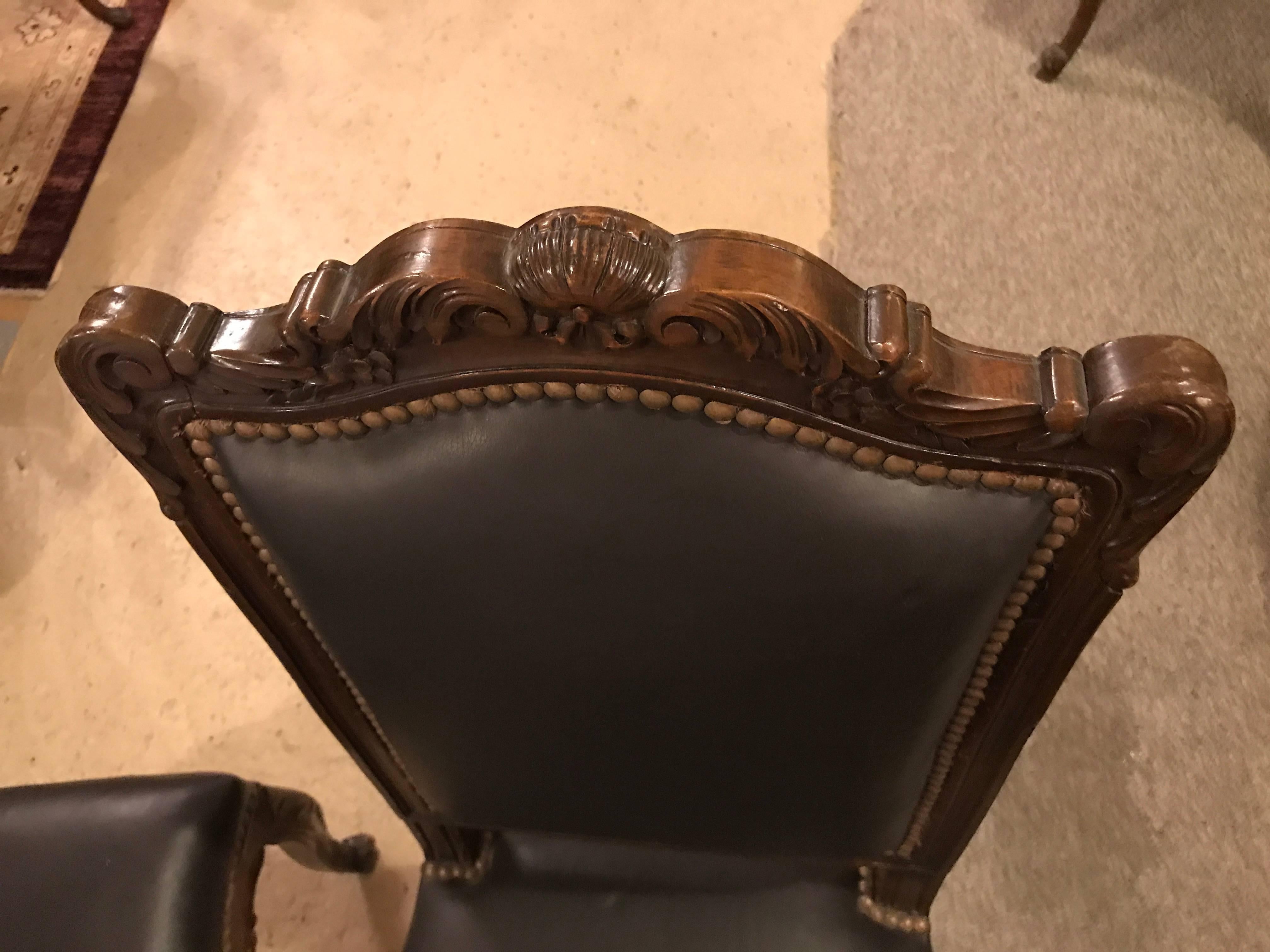 Set of Six Louis XV Style Brown Leather Carved Side Chairs 5