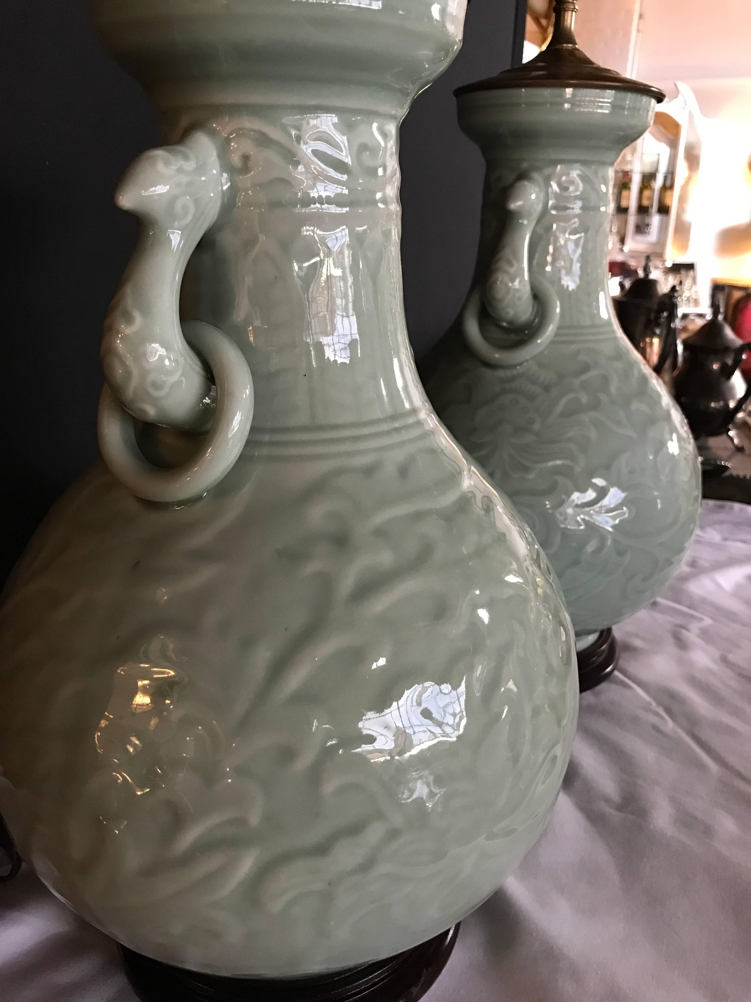 Pair of Chinese Celedon Antique Vases Mounted as Lamps 3