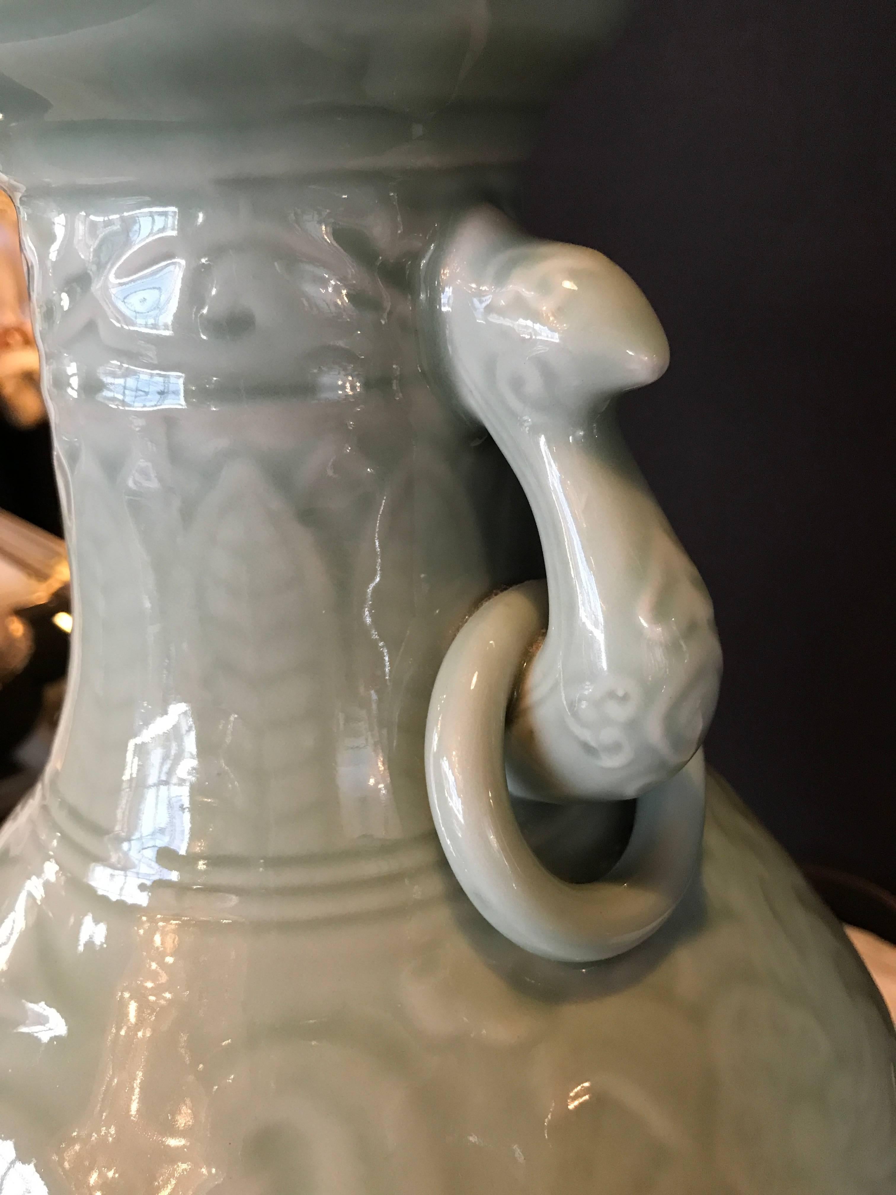 Pair of Chinese Celedon Antique Vases Mounted as Lamps In Good Condition In Stamford, CT