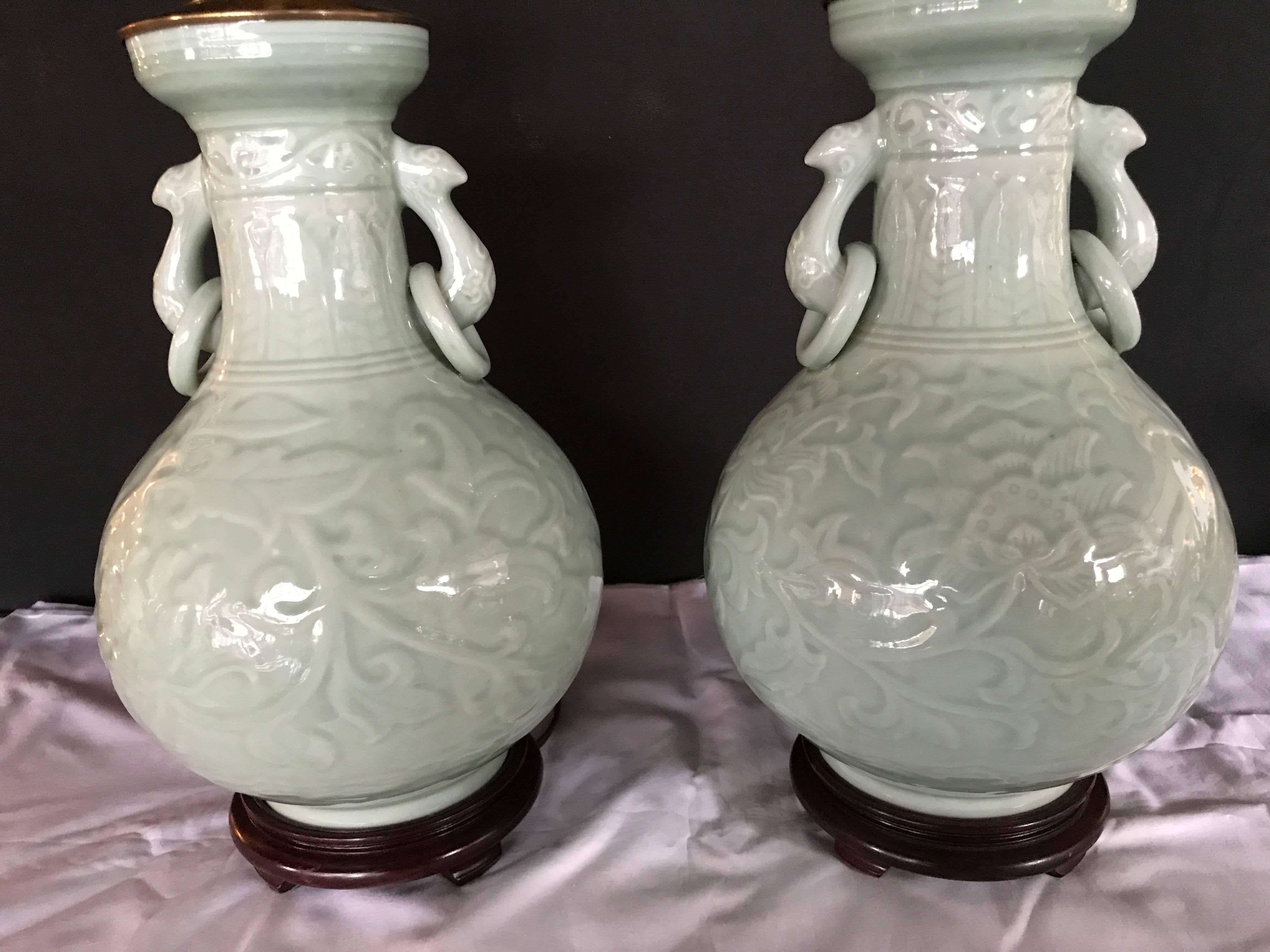 Pair of Chinese Celedon Antique Vases Mounted as Lamps 2