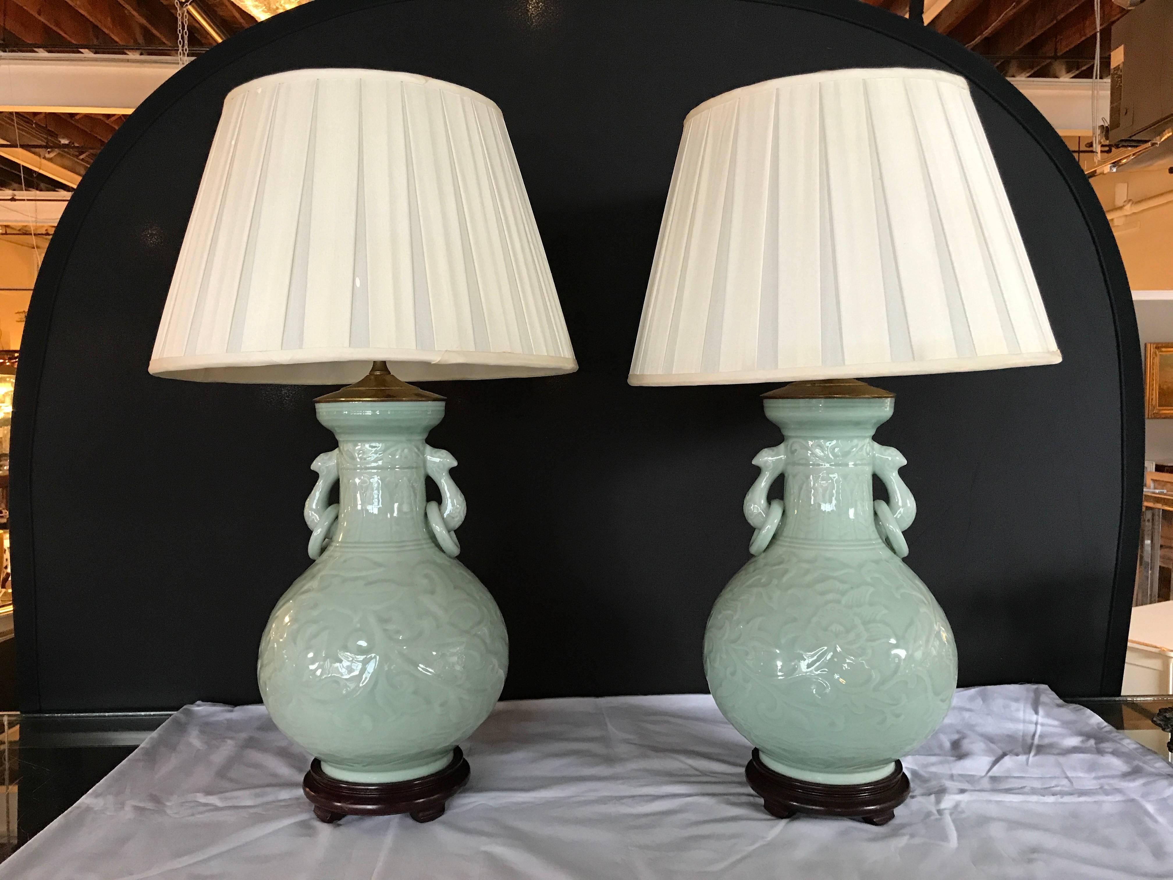 Pair of Chinese Celedon Antique Vases Mounted as Lamps 4