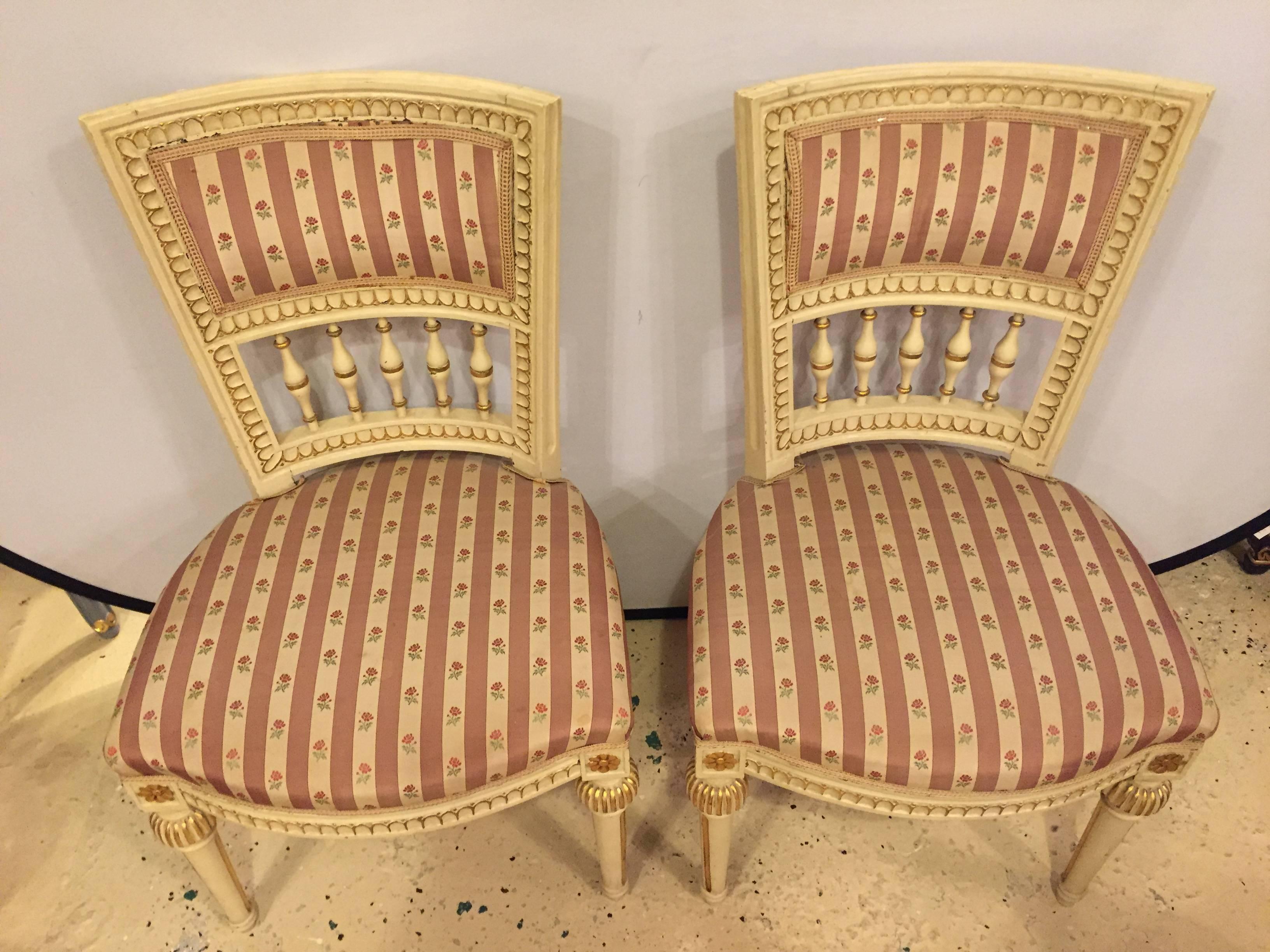 Hollywood Regency Pair of Paint Decorated Jansen Style Side Chairs