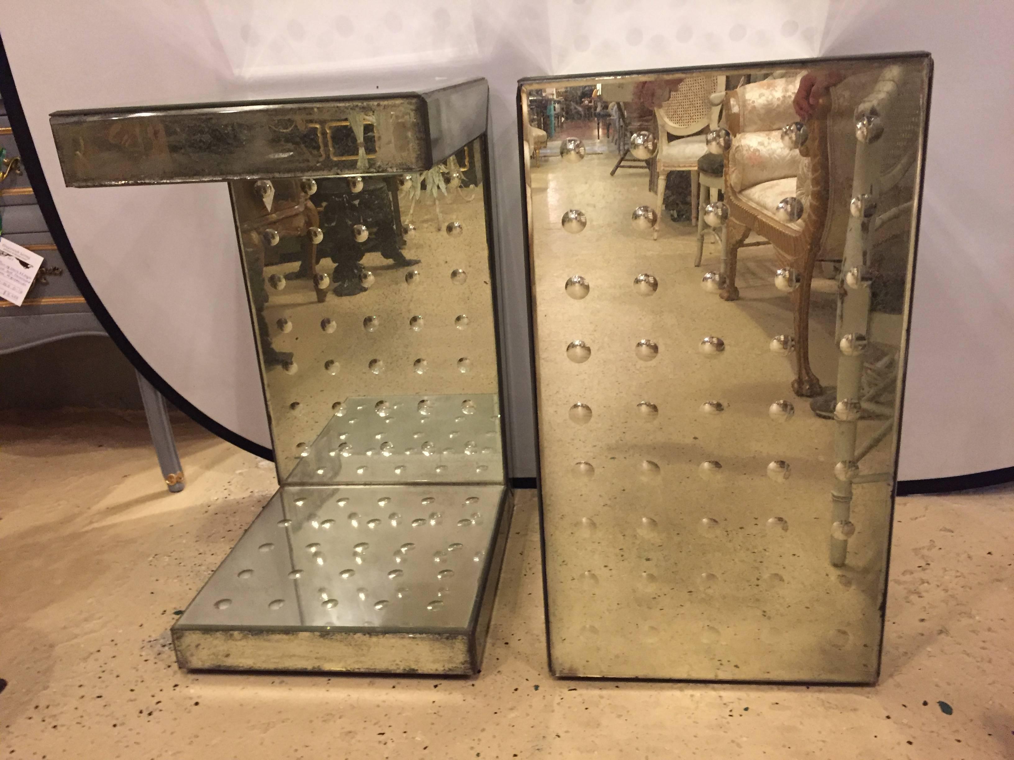 20th Century Pair of Art Deco Style Bulls-Eye Mirrored Lamp Or Side Tables