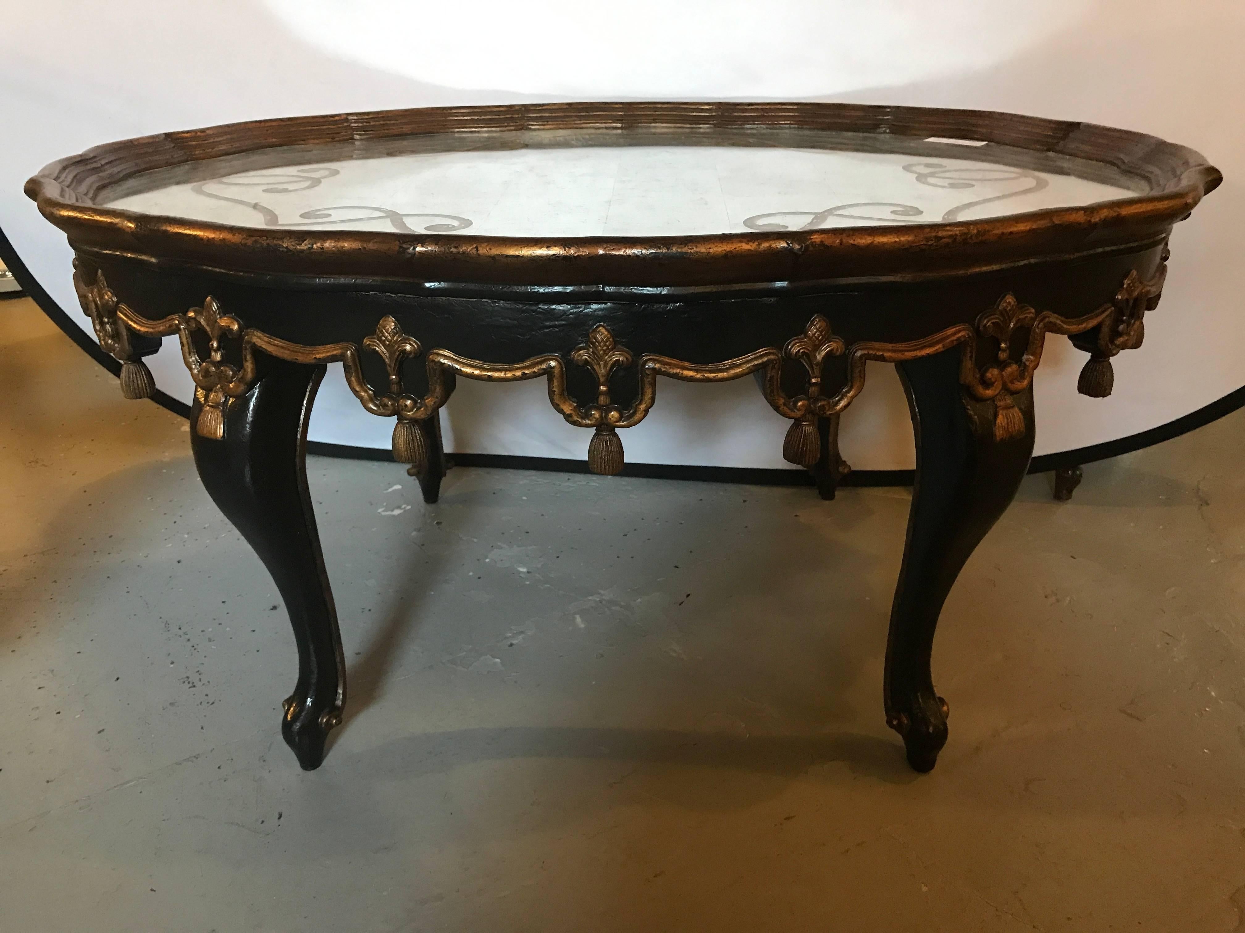 Hollywood Regency Louis XVI Fashioned Églomisé Mirror Top Coffee Table with Ebony and Gilt Base