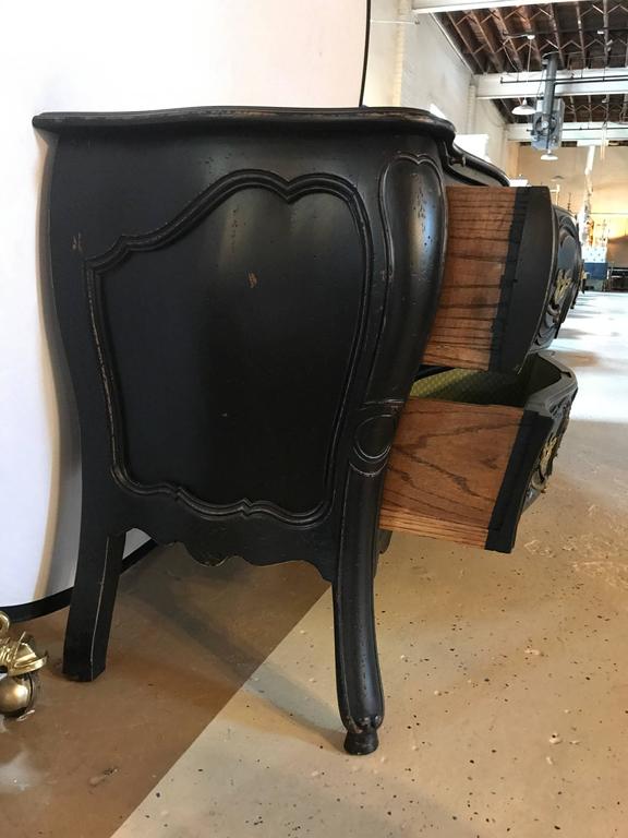 Black Distressed Bombe Commode with Bronze Mounts and PullOut Tray Top For Sale at 1stDibs