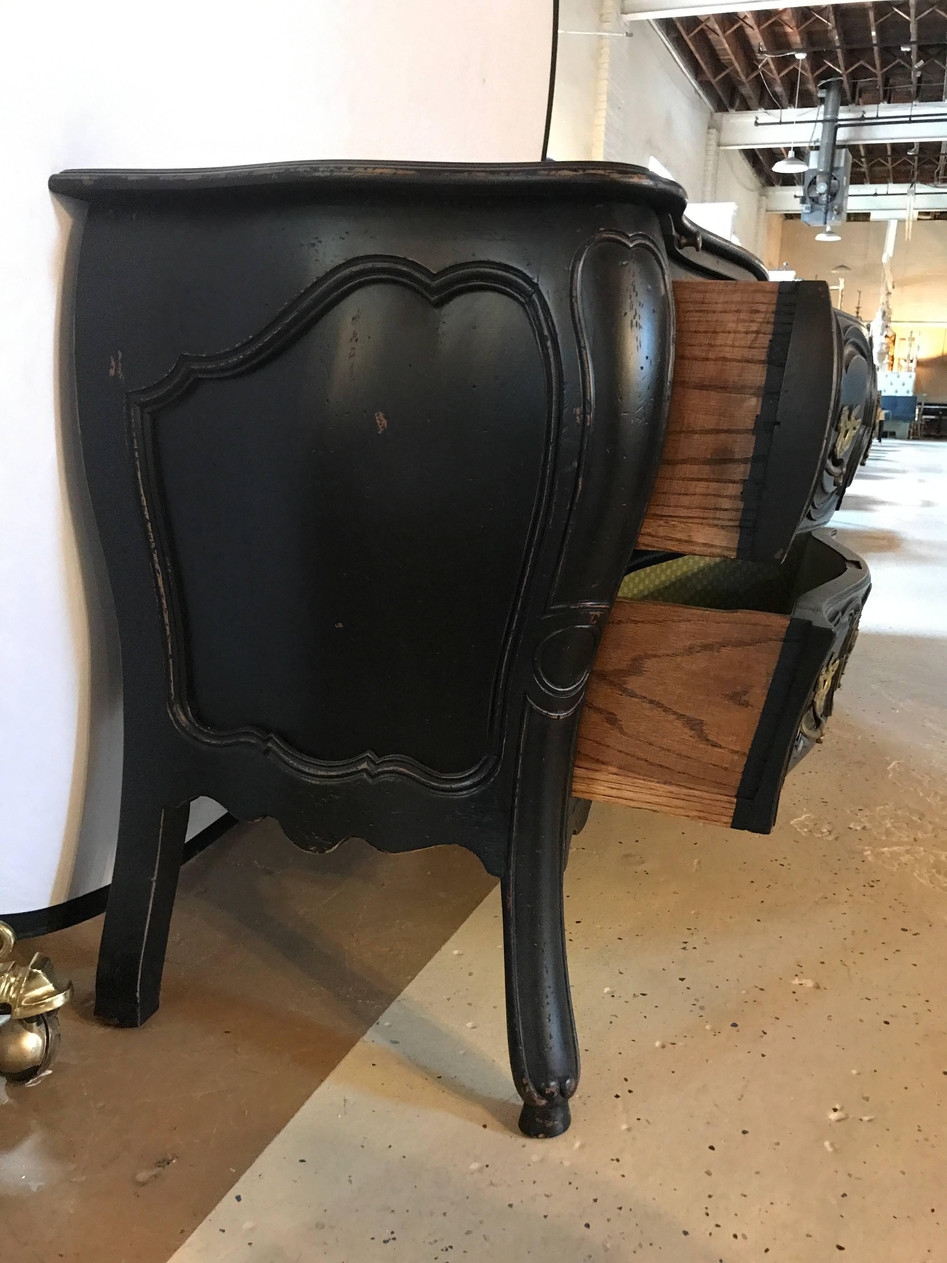 20th Century Black Distressed Bombe Commode with Bronze Mounts and Pull-Out Tray Top