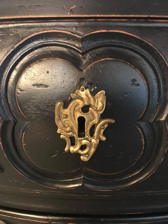 Black Distressed Bombe Commode with Bronze Mounts and PullOut Tray Top For Sale at 1stDibs