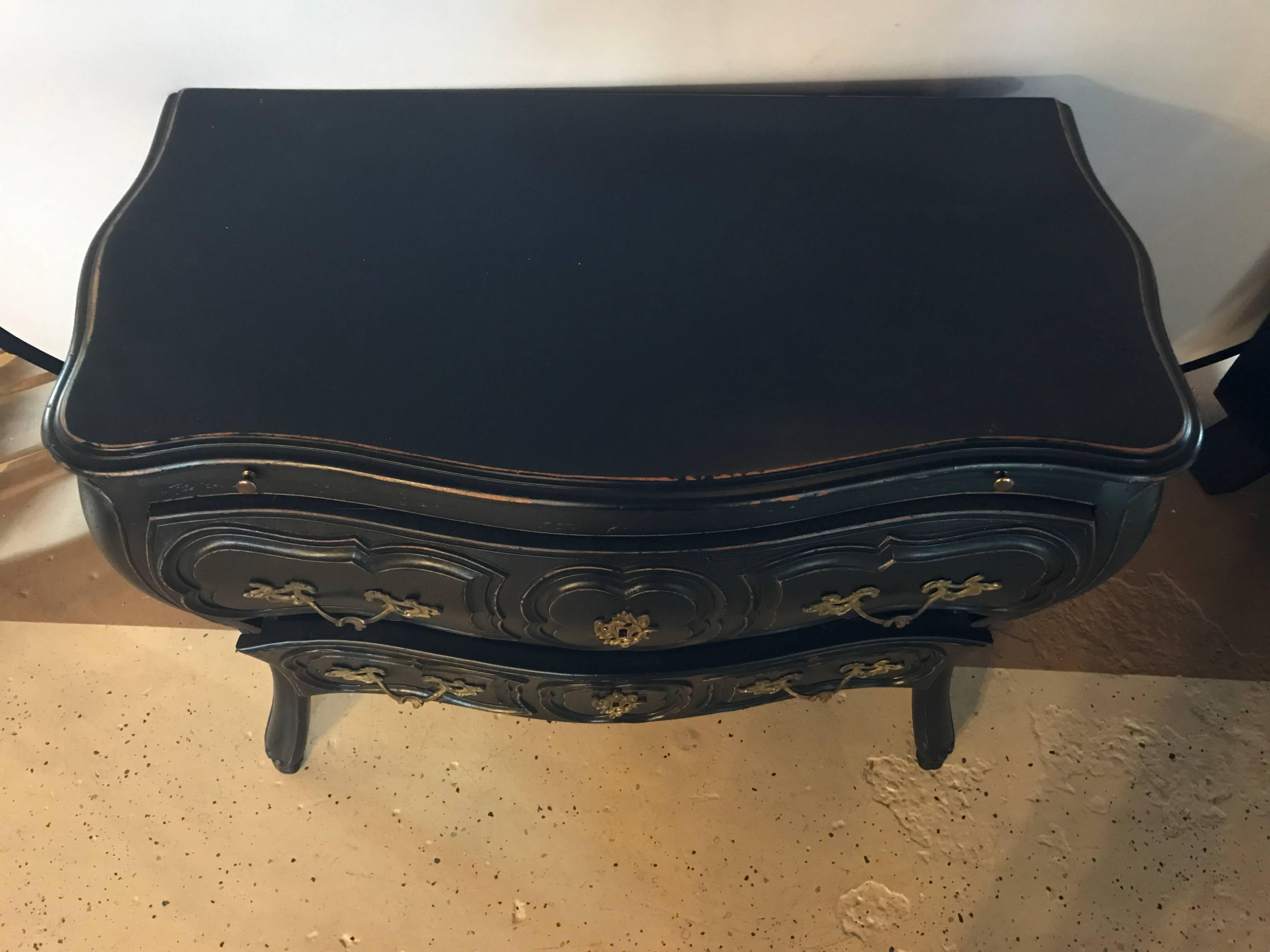 Hollywood Regency Black Distressed Bombe Commode with Bronze Mounts and Pull-Out Tray Top