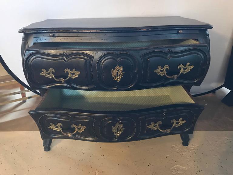 Black Distressed Bombe Commode with Bronze Mounts and PullOut Tray Top For Sale at 1stDibs
