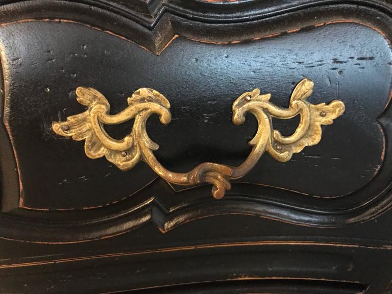Black Distressed Bombe Commode with Bronze Mounts and PullOut Tray Top For Sale at 1stDibs
