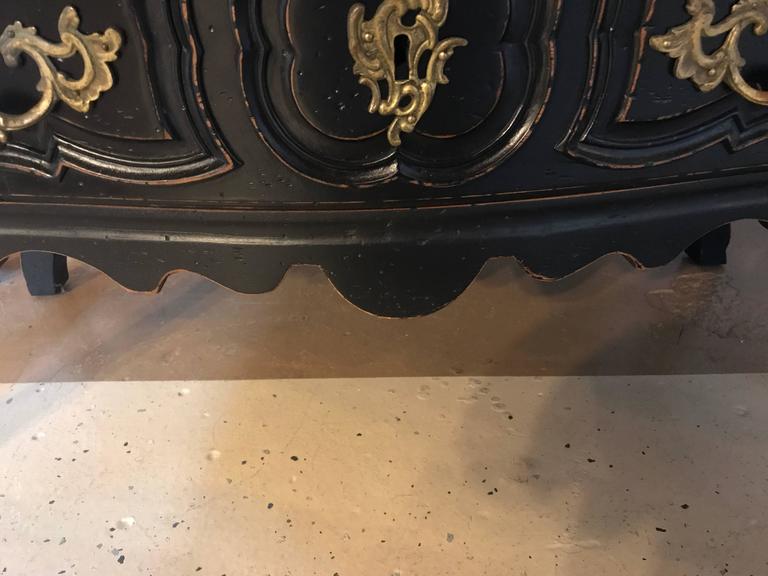 Black Distressed Bombe Commode with Bronze Mounts and PullOut Tray Top For Sale at 1stDibs