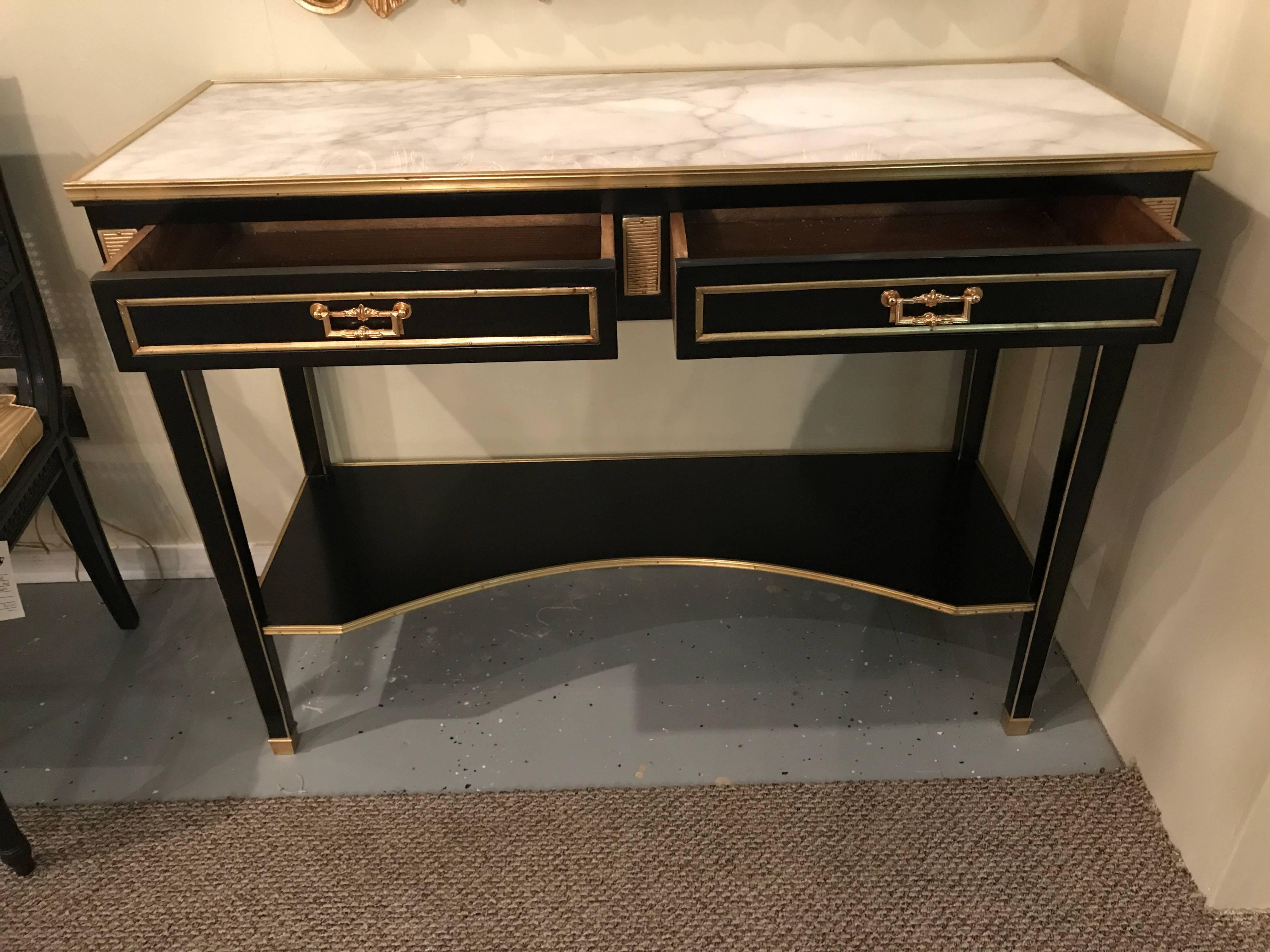 Pair of Jansen Style Two-Drawer Bronze-Mounted Marble-Top Console Tables In Good Condition In Stamford, CT